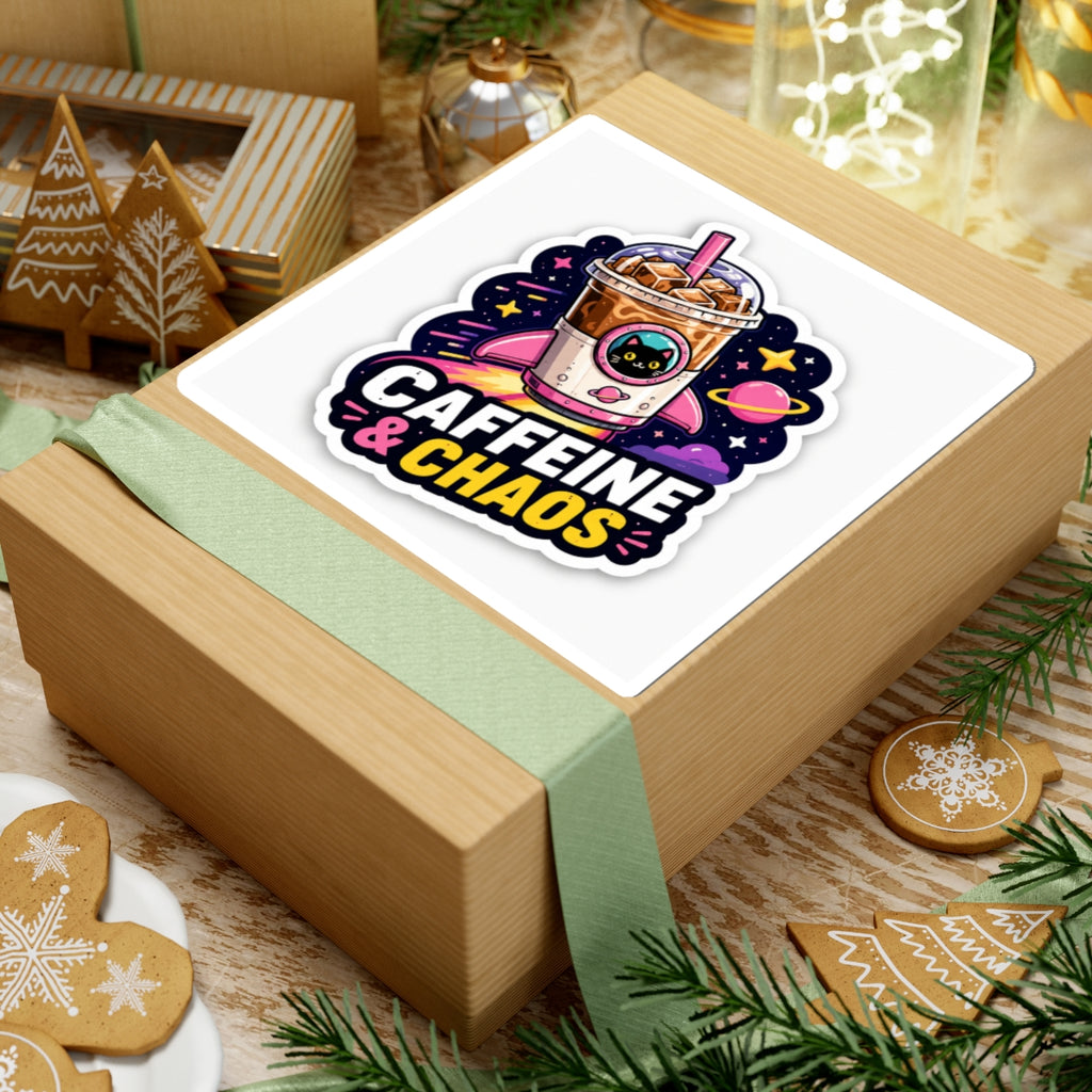 Caffeine & Chaos Kiss-Cut Sticker — Cute Cat Iced Coffee Space Design