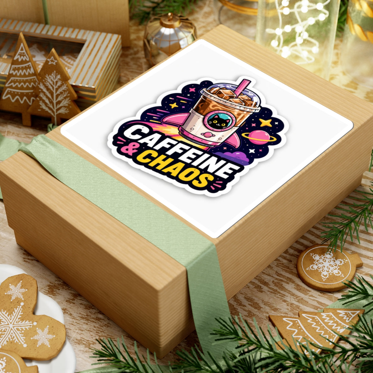 Caffeine & Chaos Kiss-Cut Sticker — Cute Cat Iced Coffee Space Design