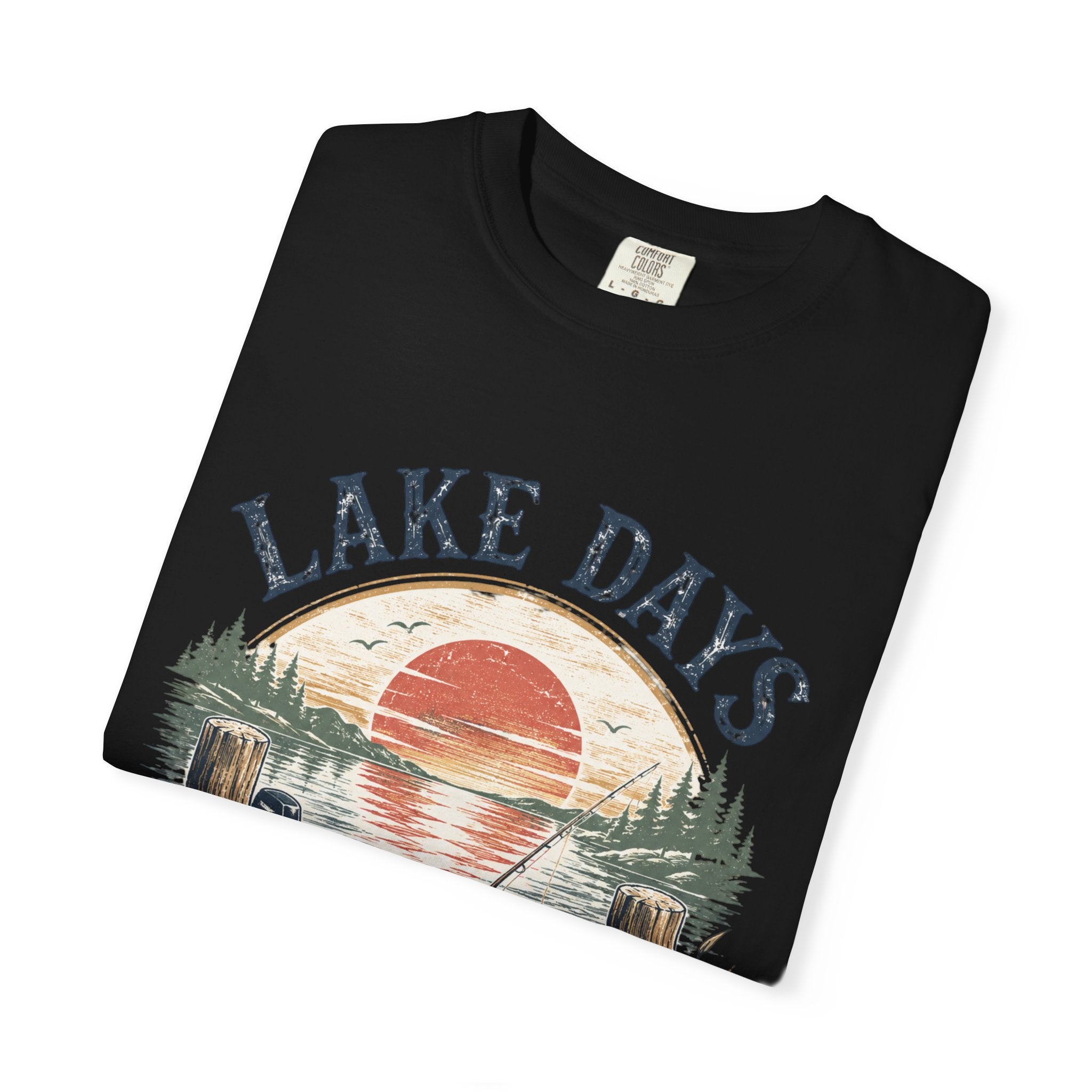 Lake Days Dock Nights T-Shirt — Retro Fishing & Sunset Dock Graphic