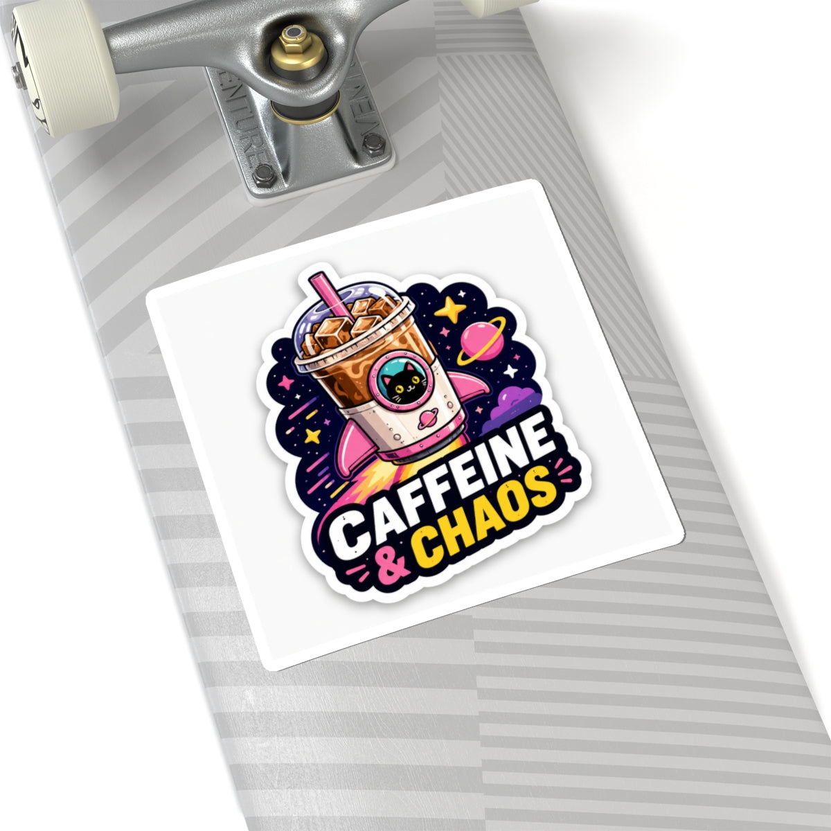 Caffeine & Chaos Kiss-Cut Sticker — Cute Cat Iced Coffee Space Design