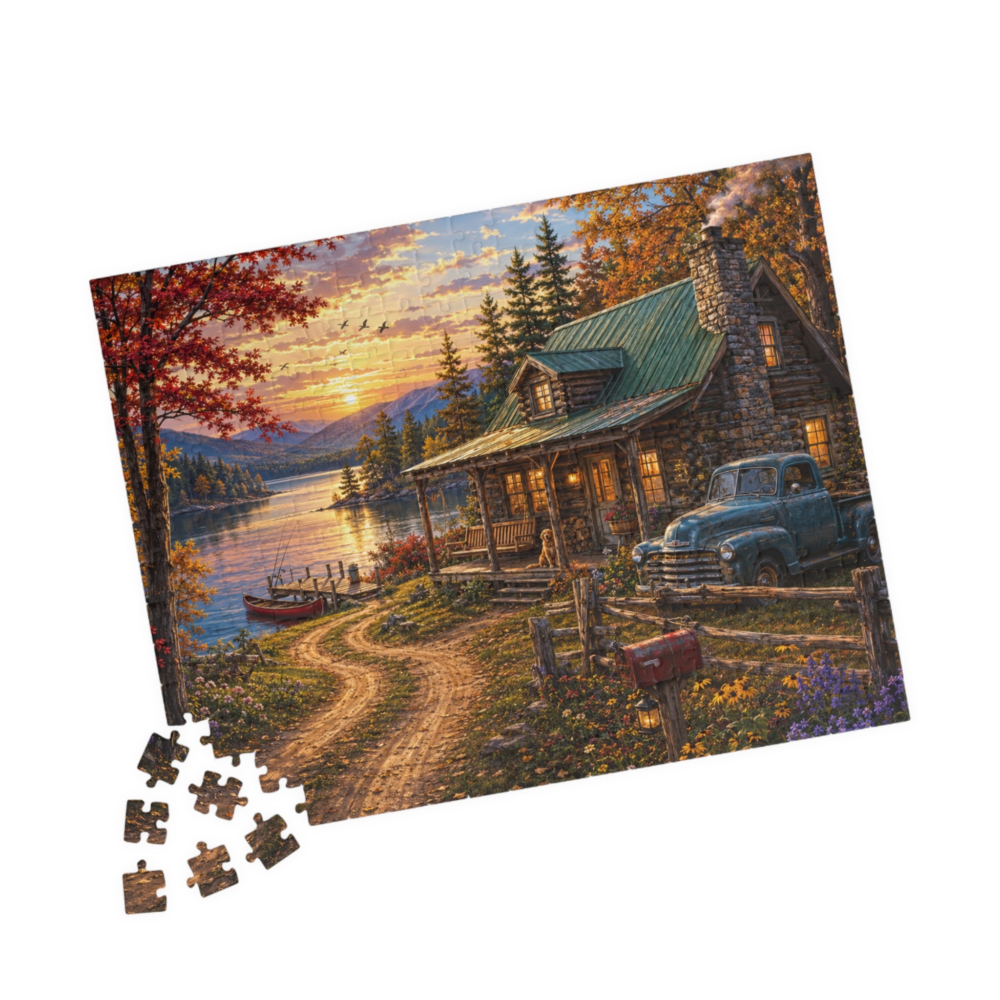 Autumn Lakeside Cabin Jigsaw Puzzle — Cozy Sunset Lodge Scene (110–1014 pcs)