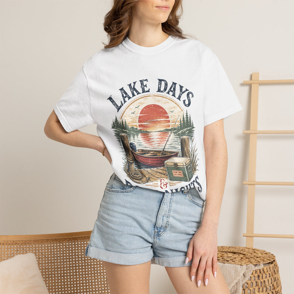 Lake Days Dock Nights T-Shirt — Retro Fishing & Sunset Dock Graphic