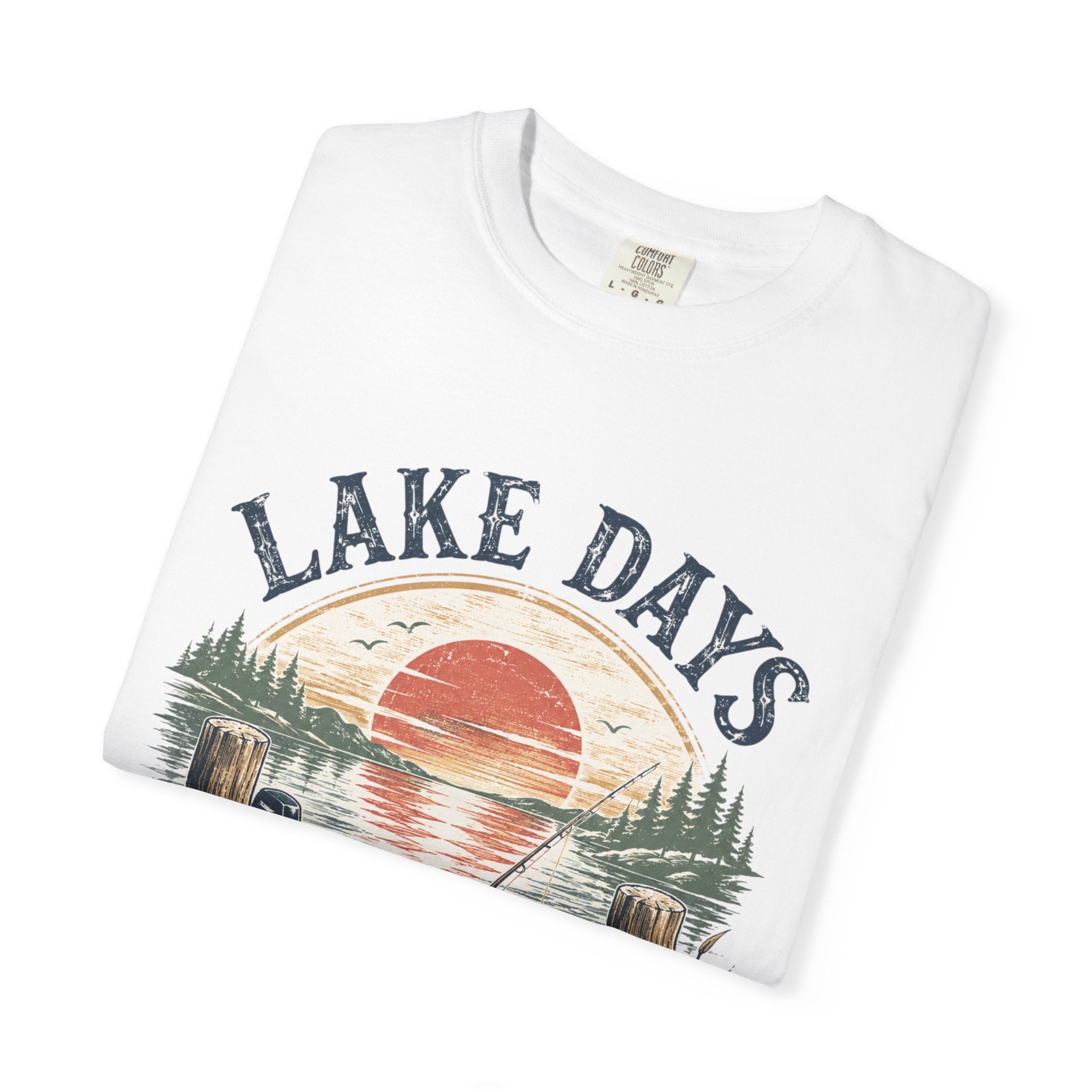 Lake Days Dock Nights T-Shirt — Retro Fishing & Sunset Dock Graphic