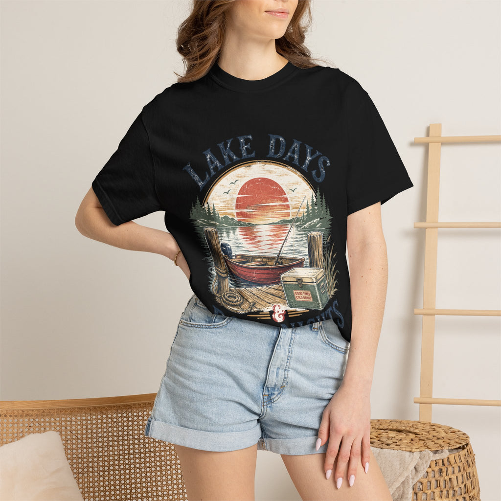 Lake Days Dock Nights T-Shirt — Retro Fishing & Sunset Dock Graphic