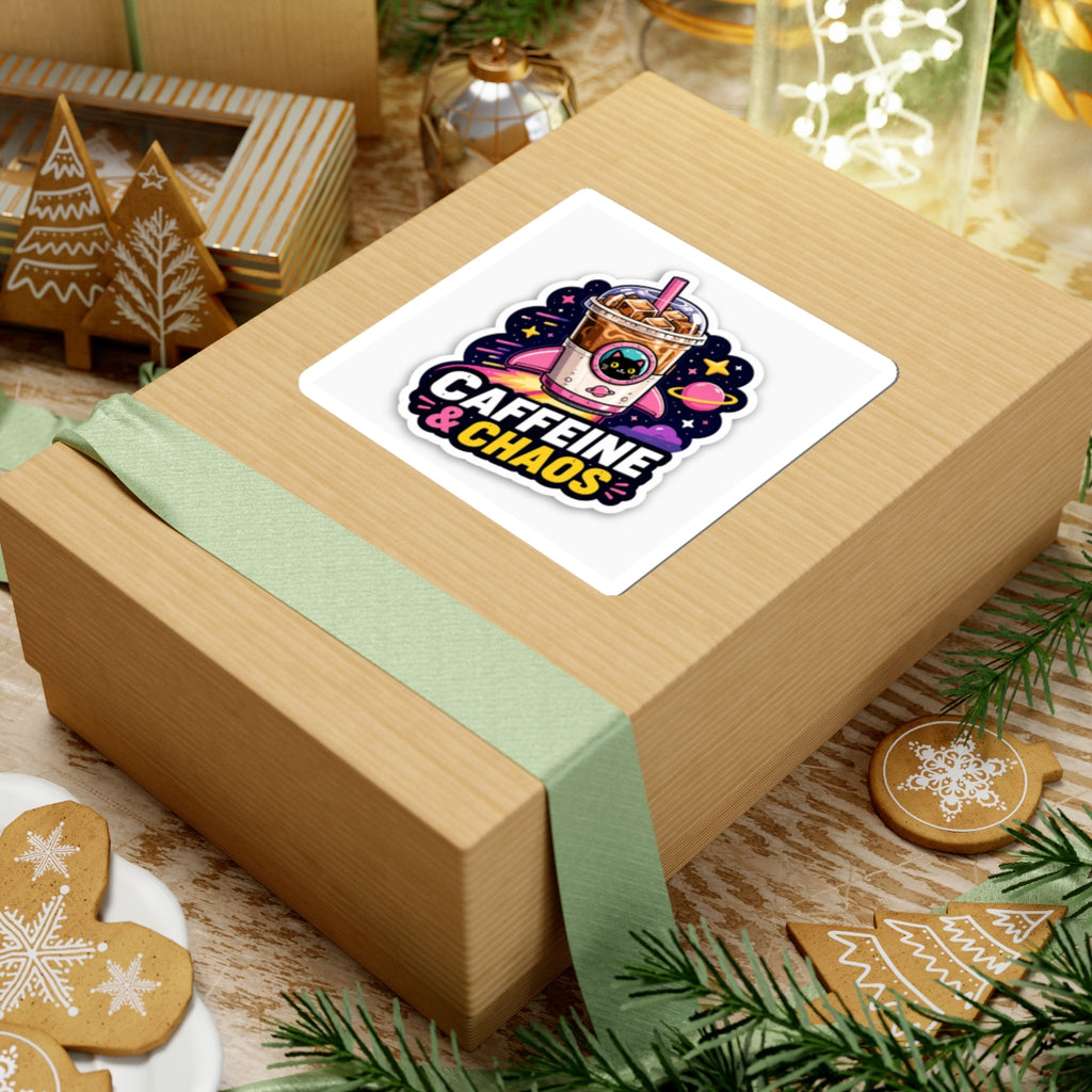 Caffeine & Chaos Kiss-Cut Sticker — Cute Cat Iced Coffee Space Design