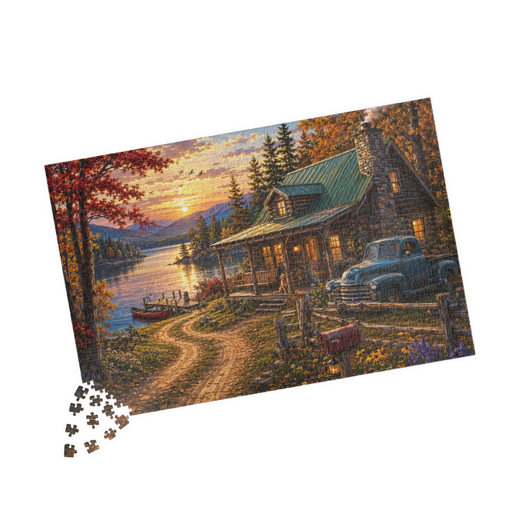 Autumn Lakeside Cabin Jigsaw Puzzle — Cozy Sunset Lodge Scene (110–1014 pcs)