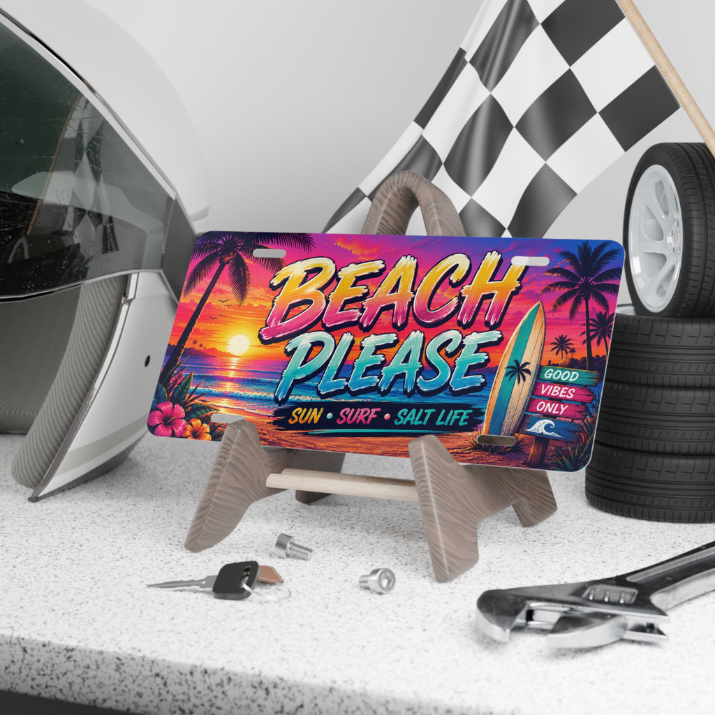 Beach Please Vanity Plate — Tropical Sunset Surf License Plate