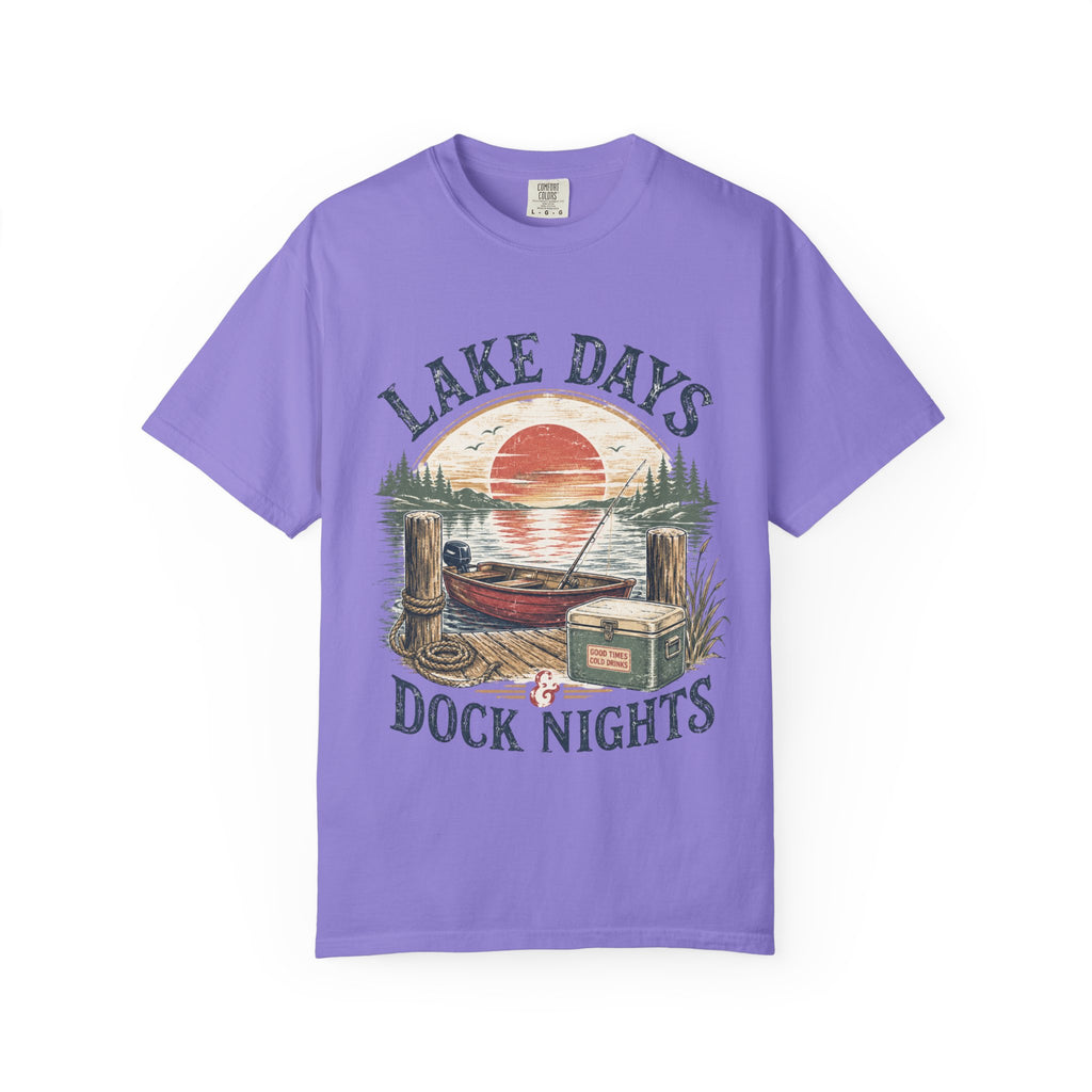 Lake Days Dock Nights T-Shirt — Retro Fishing & Sunset Dock Graphic