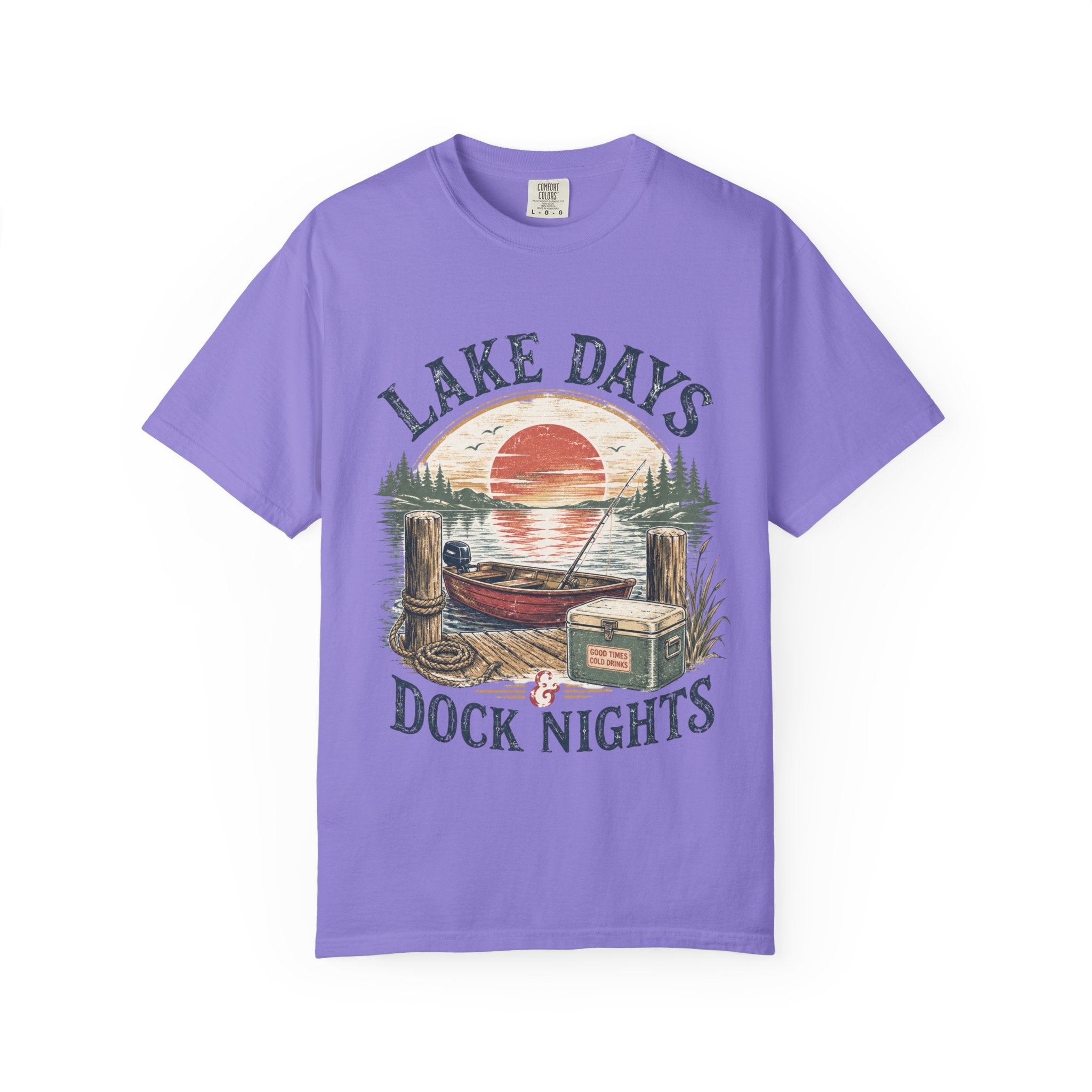 Lake Days Dock Nights T-Shirt — Retro Fishing & Sunset Dock Graphic