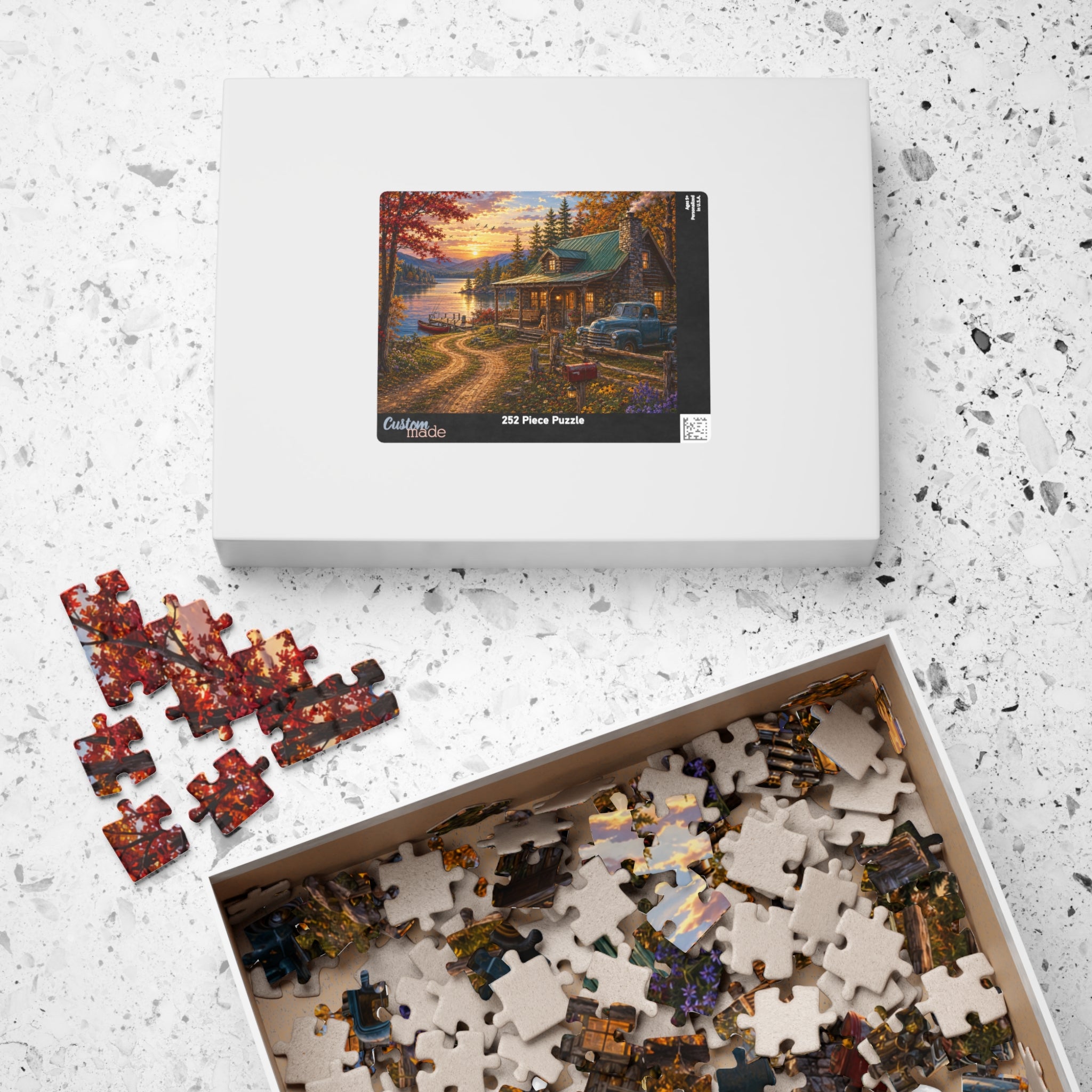 Autumn Lakeside Cabin Jigsaw Puzzle — Cozy Sunset Lodge Scene (110–1014 pcs)