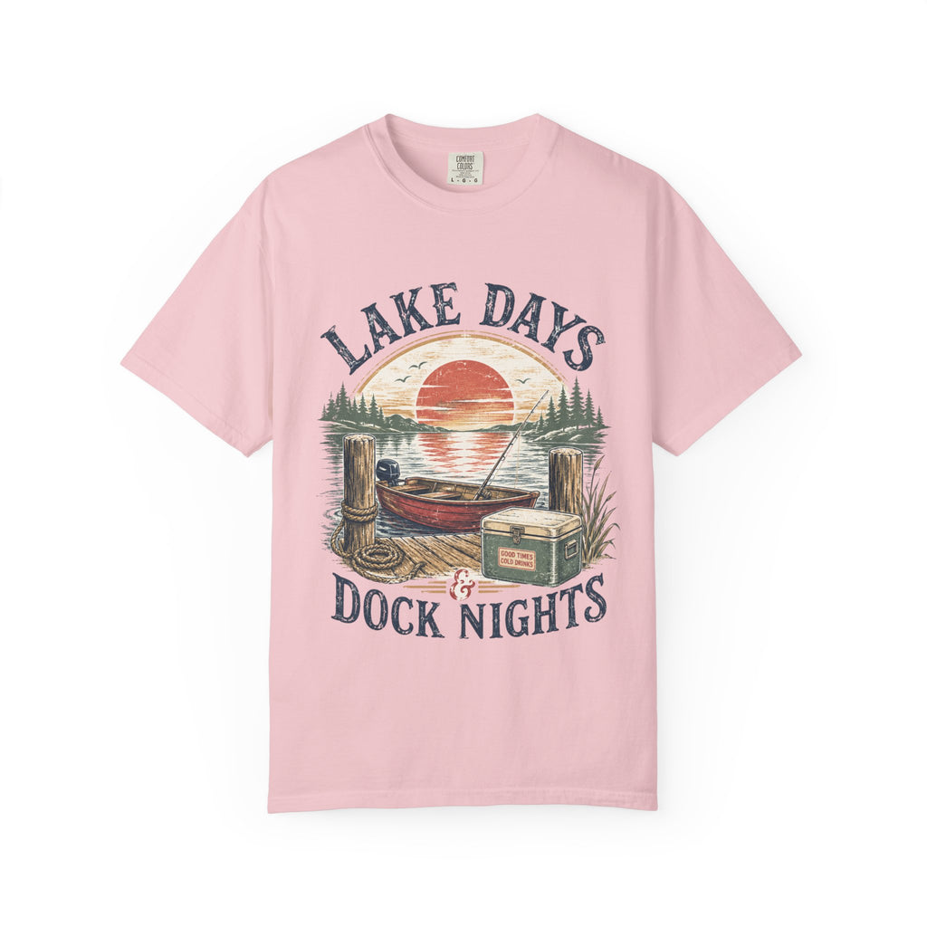 Lake Days Dock Nights T-Shirt — Retro Fishing & Sunset Dock Graphic