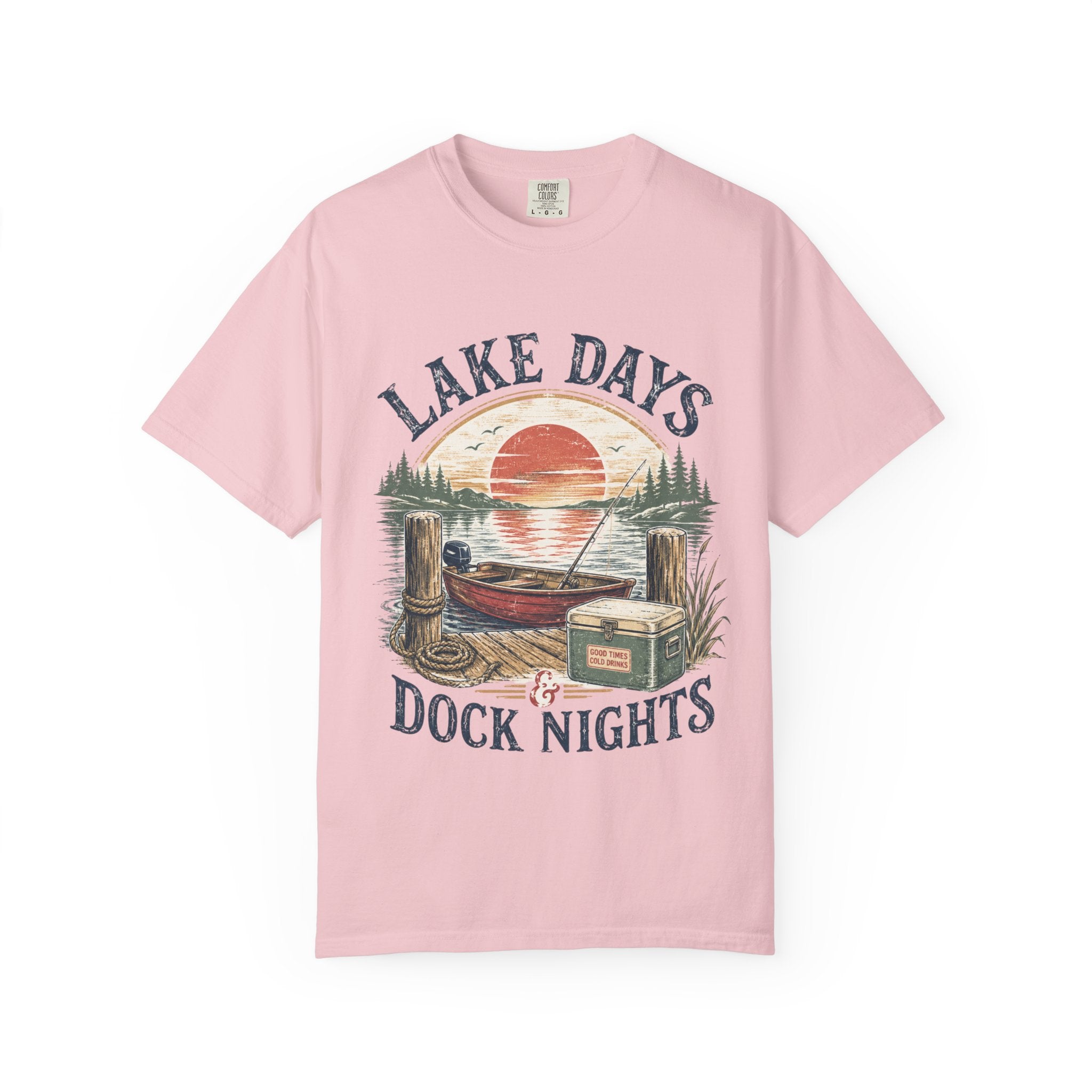 Lake Days Dock Nights T-Shirt — Retro Fishing & Sunset Dock Graphic