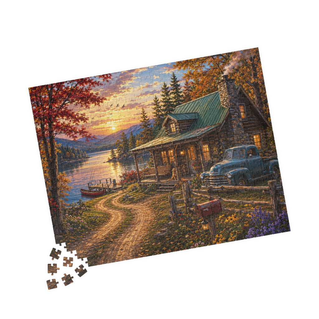 Autumn Lakeside Cabin Jigsaw Puzzle — Cozy Sunset Lodge Scene (110–1014 pcs)