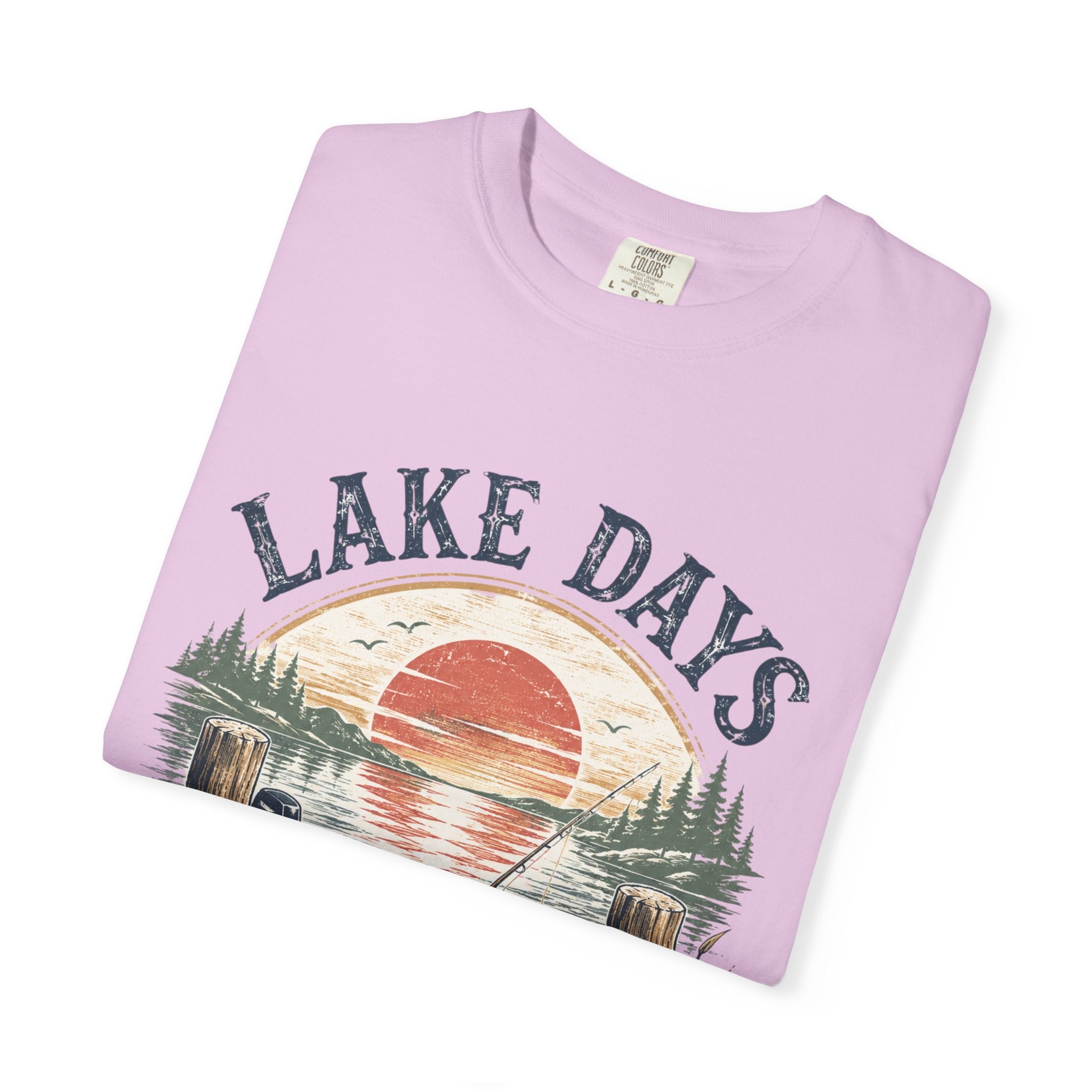 Lake Days Dock Nights T-Shirt — Retro Fishing & Sunset Dock Graphic