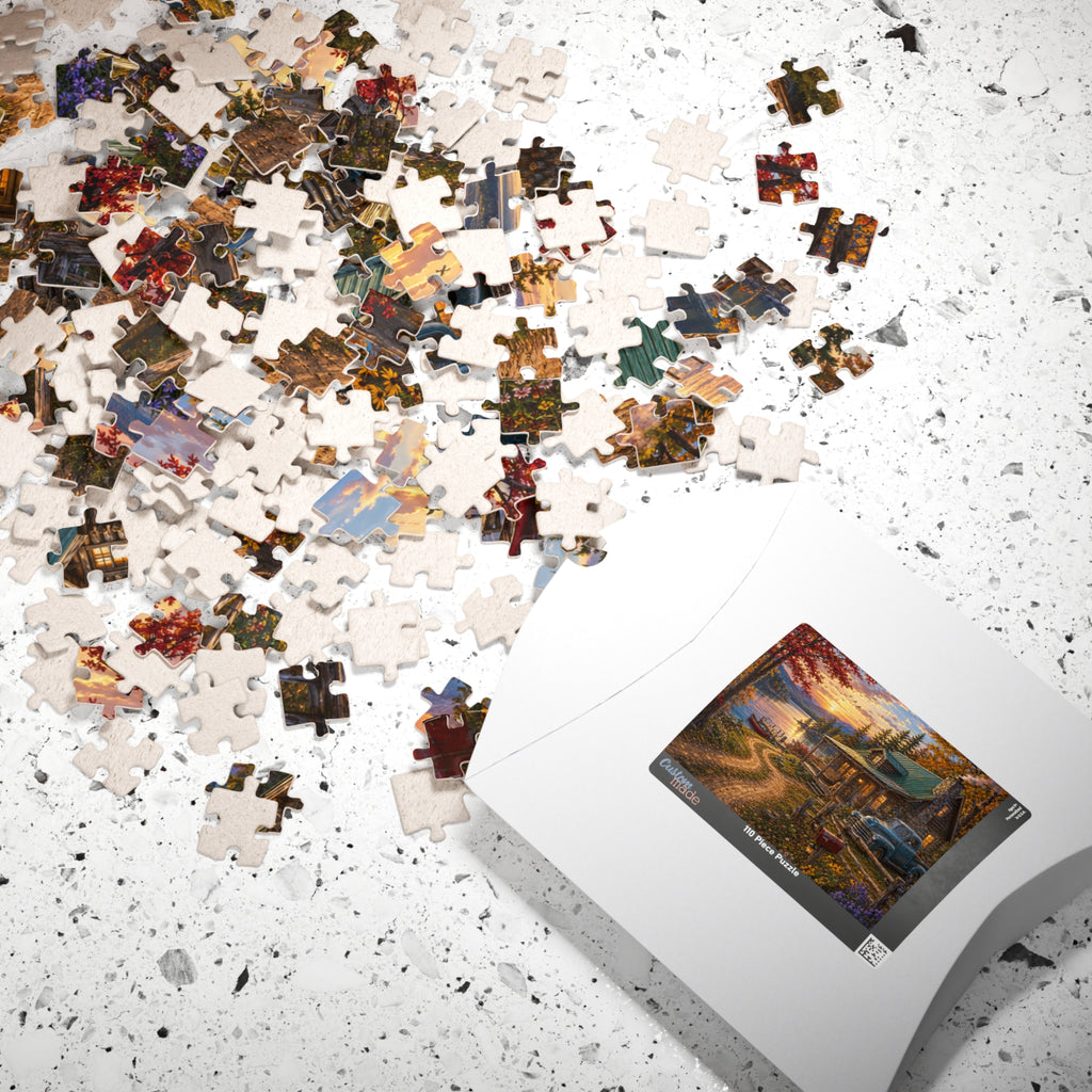 Autumn Lakeside Cabin Jigsaw Puzzle — Cozy Sunset Lodge Scene (110–1014 pcs)