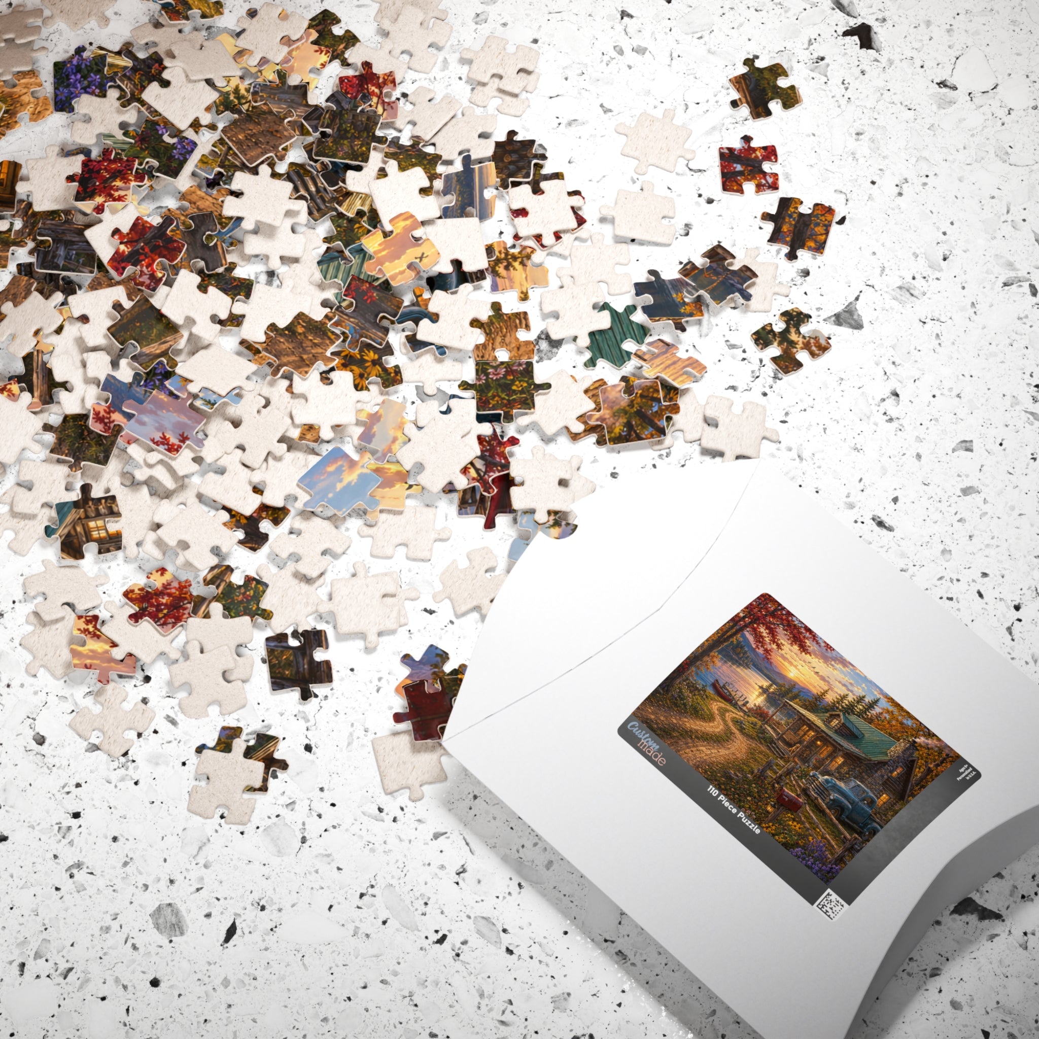 Autumn Lakeside Cabin Jigsaw Puzzle — Cozy Sunset Lodge Scene (110–1014 pcs)
