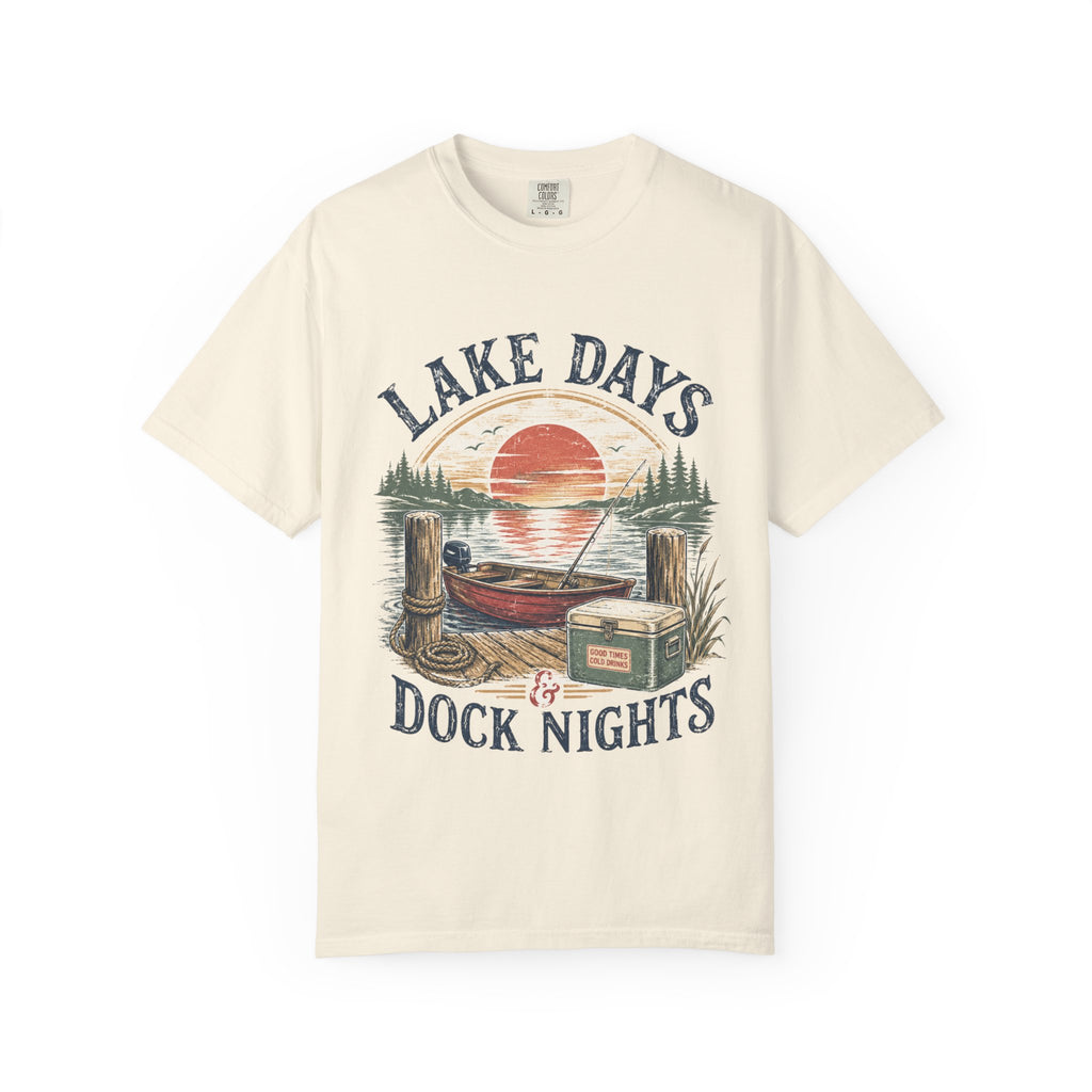 Lake Days Dock Nights T-Shirt — Retro Fishing & Sunset Dock Graphic