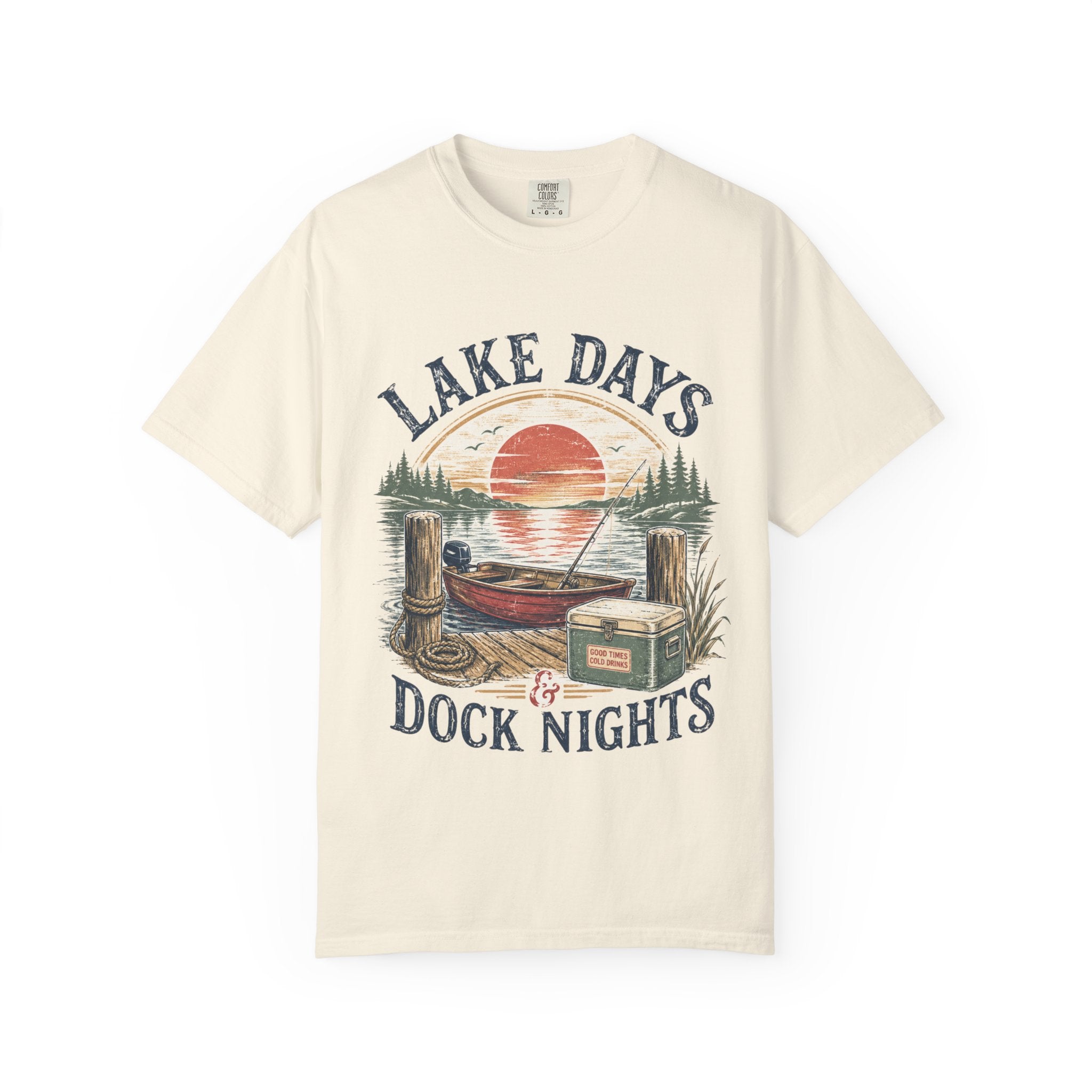 Lake Days Dock Nights T-Shirt — Retro Fishing & Sunset Dock Graphic
