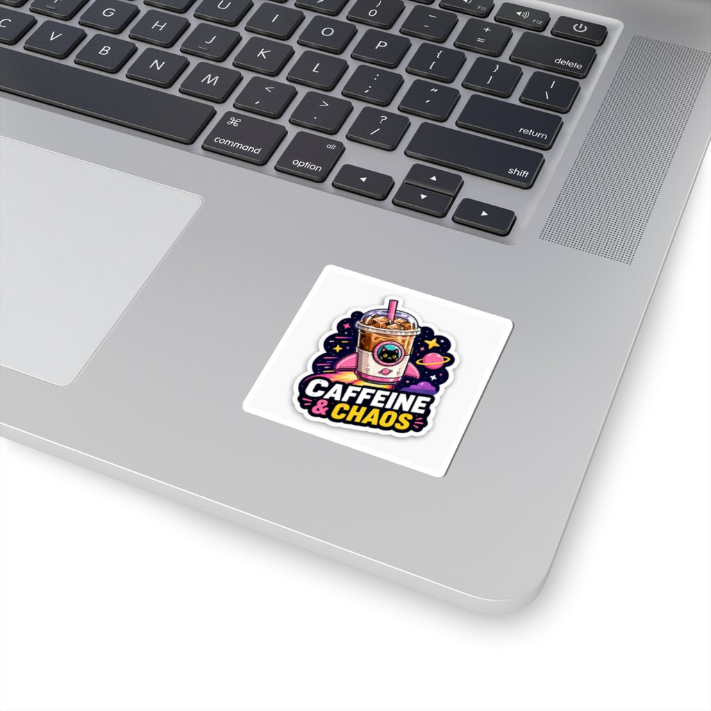 Caffeine & Chaos Kiss-Cut Sticker — Cute Cat Iced Coffee Space Design