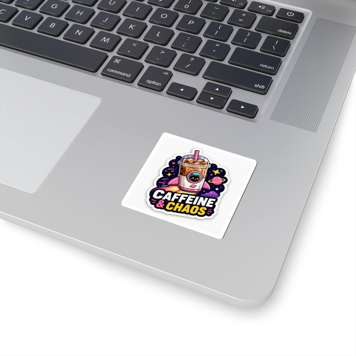 Caffeine & Chaos Kiss-Cut Sticker — Cute Cat Iced Coffee Space Design