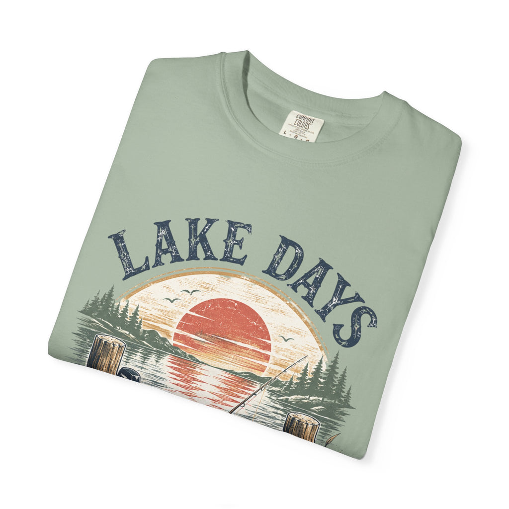 Lake Days Dock Nights T-Shirt — Retro Fishing & Sunset Dock Graphic