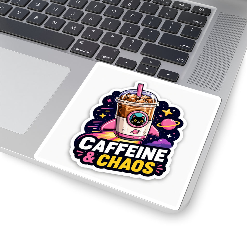Caffeine & Chaos Kiss-Cut Sticker — Cute Cat Iced Coffee Space Design