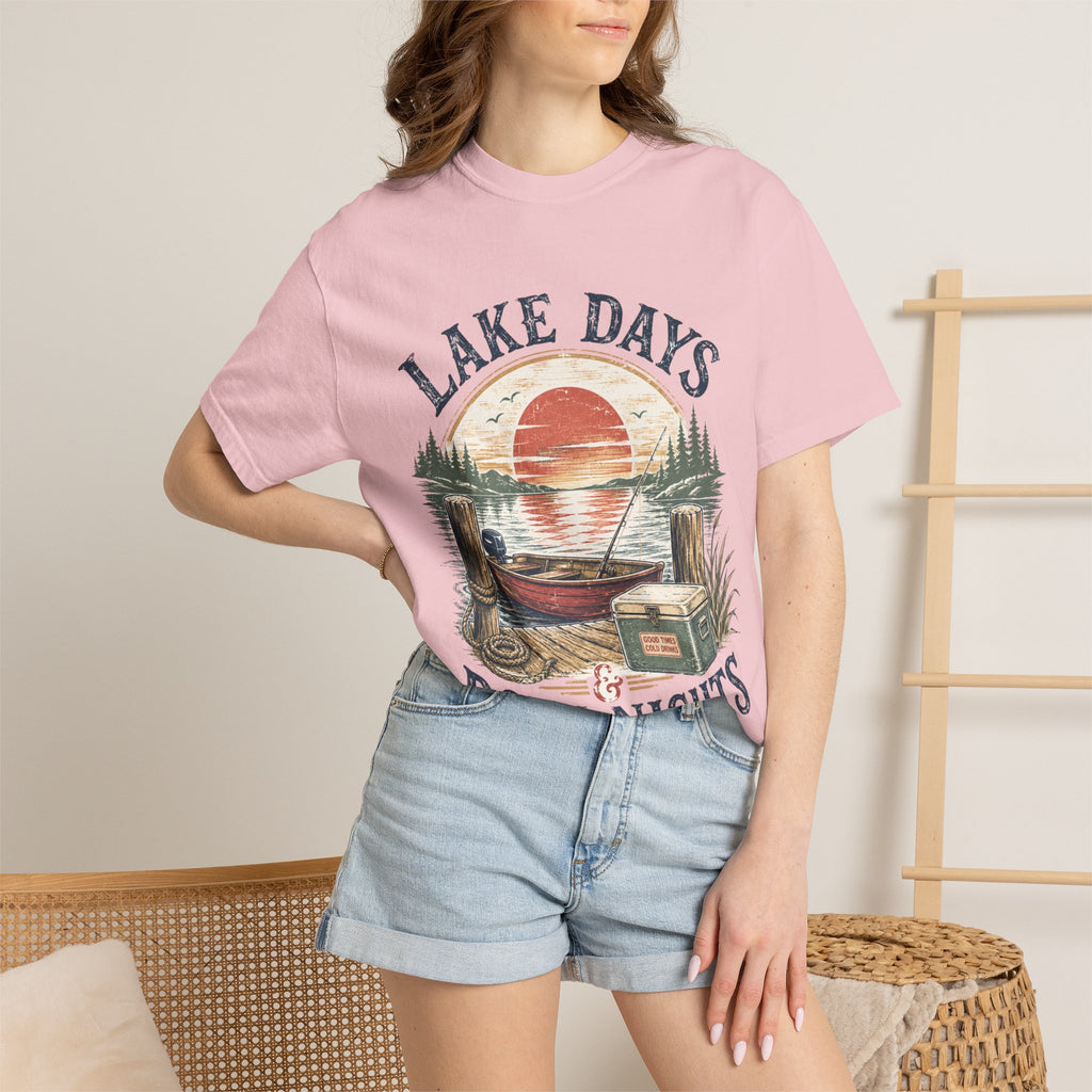 Lake Days Dock Nights T-Shirt — Retro Fishing & Sunset Dock Graphic