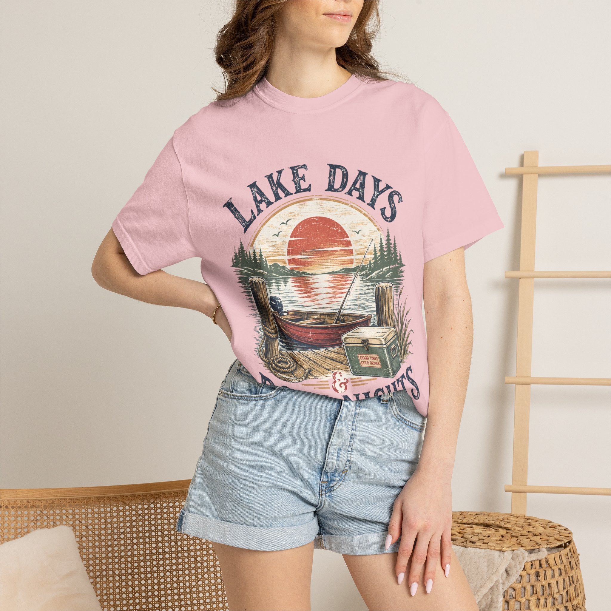 Lake Days Dock Nights T-Shirt — Retro Fishing & Sunset Dock Graphic