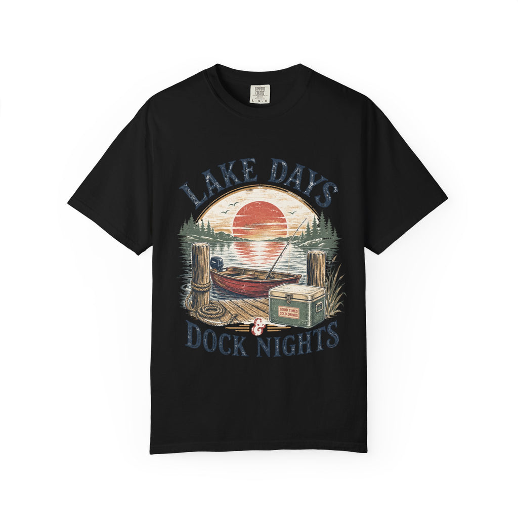 Lake Days Dock Nights T-Shirt — Retro Fishing & Sunset Dock Graphic