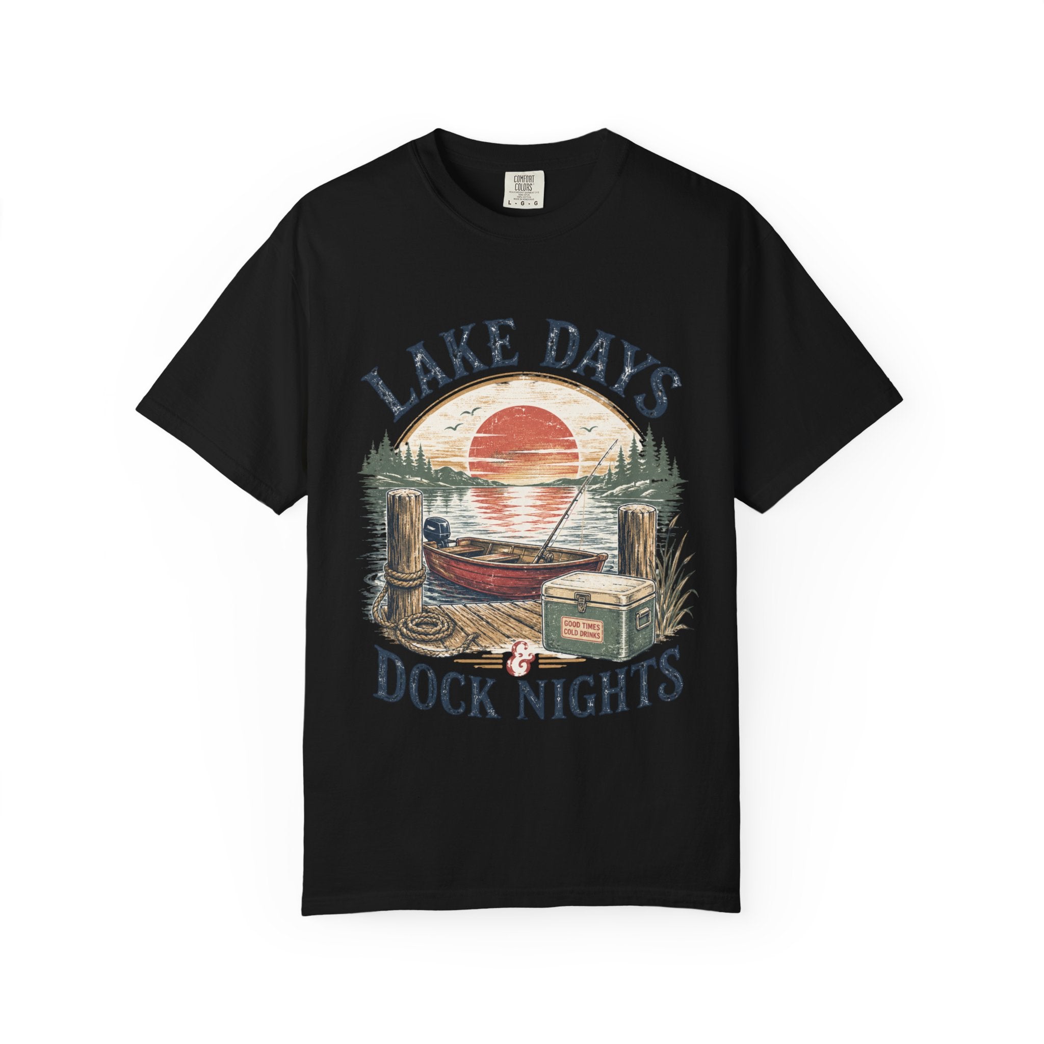 Lake Days Dock Nights T-Shirt — Retro Fishing & Sunset Dock Graphic