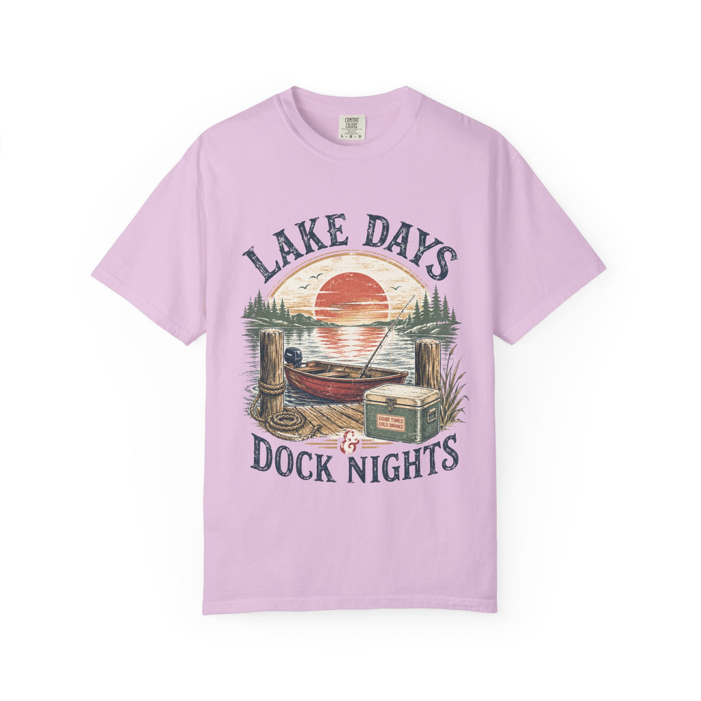 Lake Days Dock Nights T-Shirt — Retro Fishing & Sunset Dock Graphic