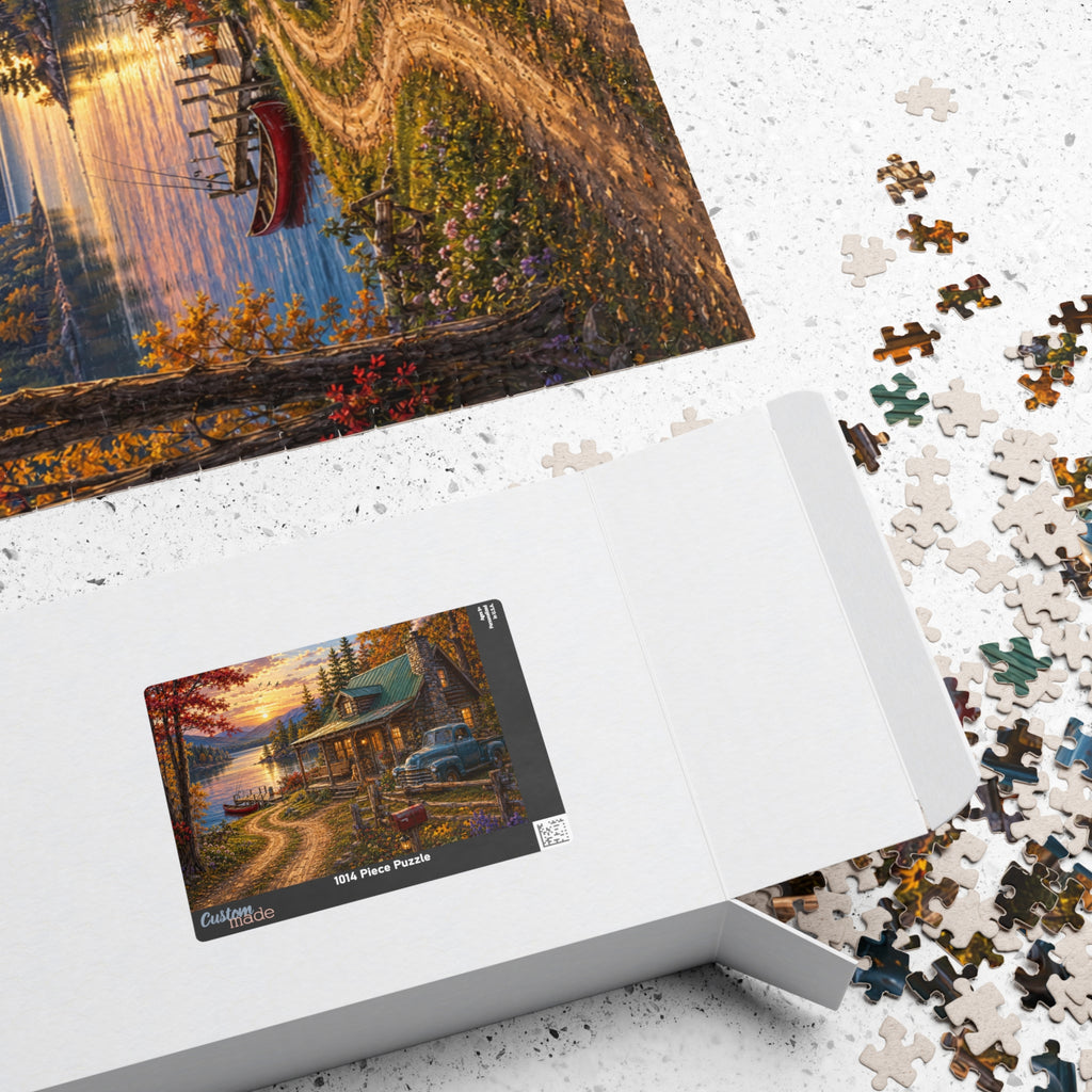 Autumn Lakeside Cabin Jigsaw Puzzle — Cozy Sunset Lodge Scene (110–1014 pcs)