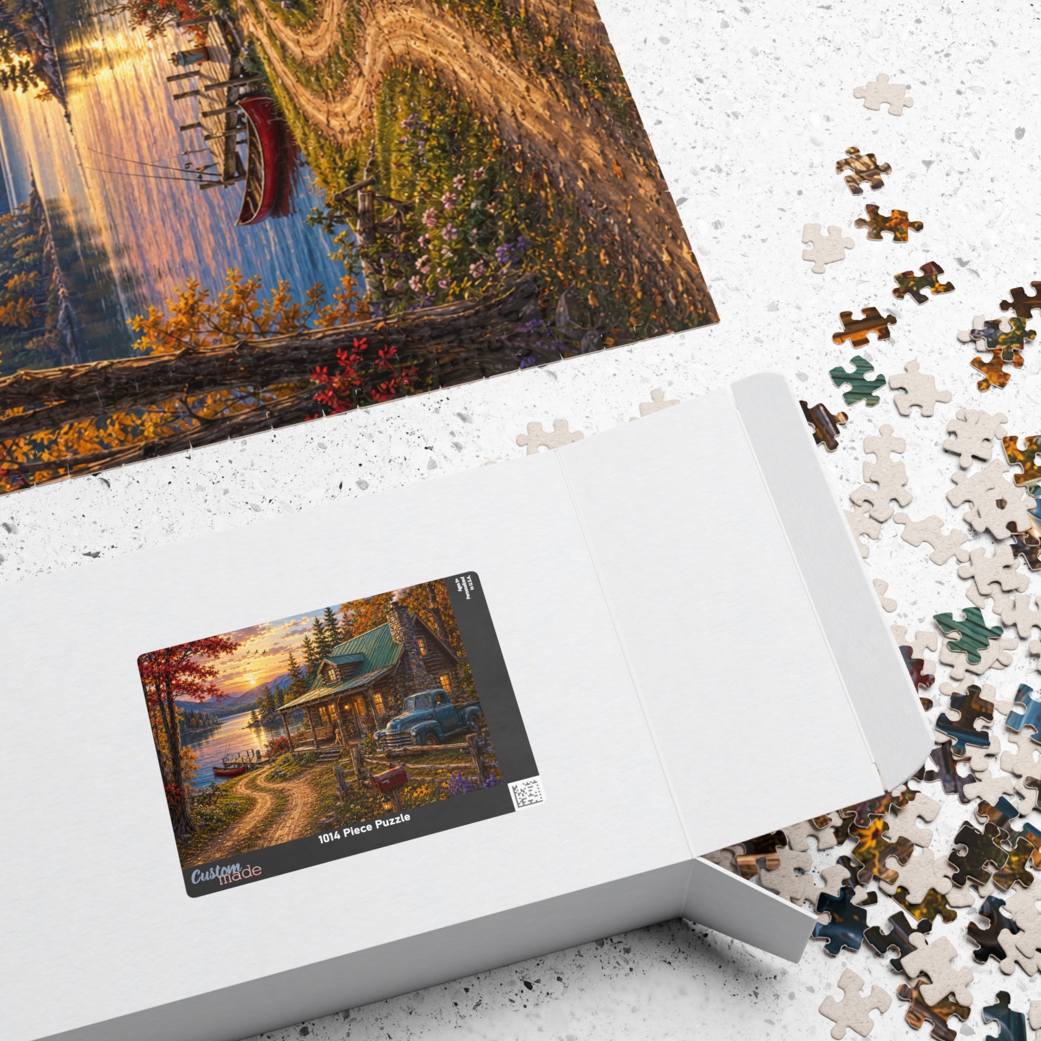 Autumn Lakeside Cabin Jigsaw Puzzle — Cozy Sunset Lodge Scene (110–1014 pcs)