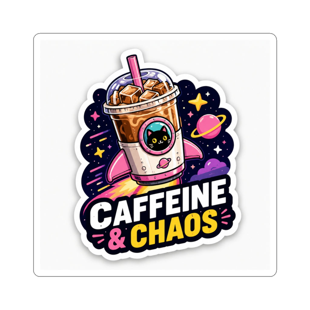 Caffeine & Chaos Kiss-Cut Sticker — Cute Cat Iced Coffee Space Design