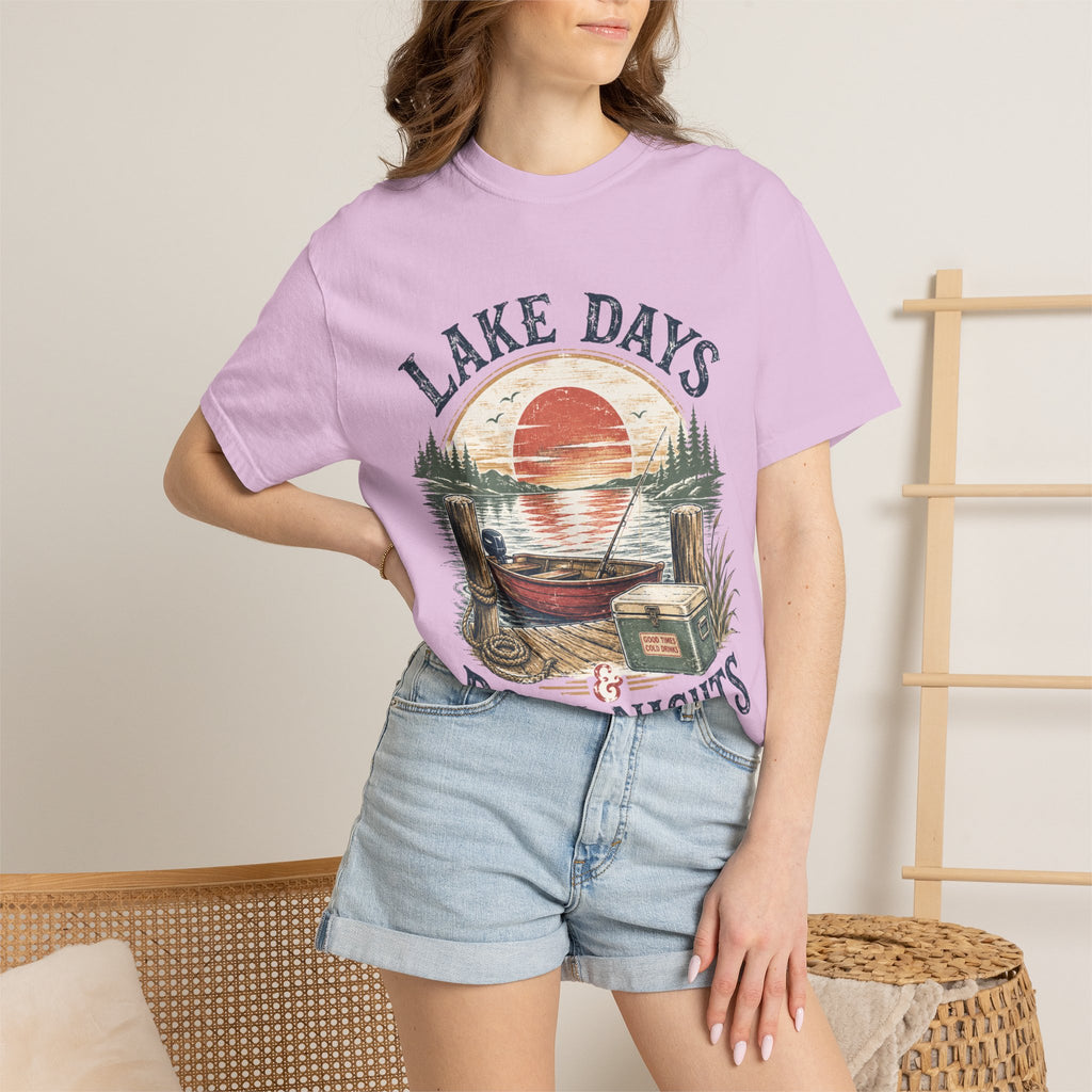Lake Days Dock Nights T-Shirt — Retro Fishing & Sunset Dock Graphic