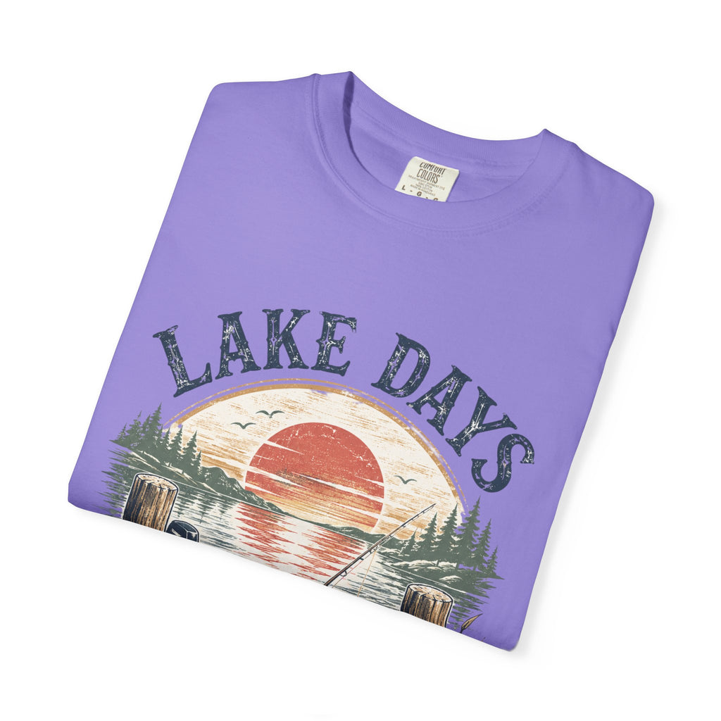 Lake Days Dock Nights T-Shirt — Retro Fishing & Sunset Dock Graphic
