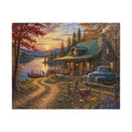 Autumn Lakeside Cabin Jigsaw Puzzle — Cozy Sunset Lodge Scene (110–1014 pcs)