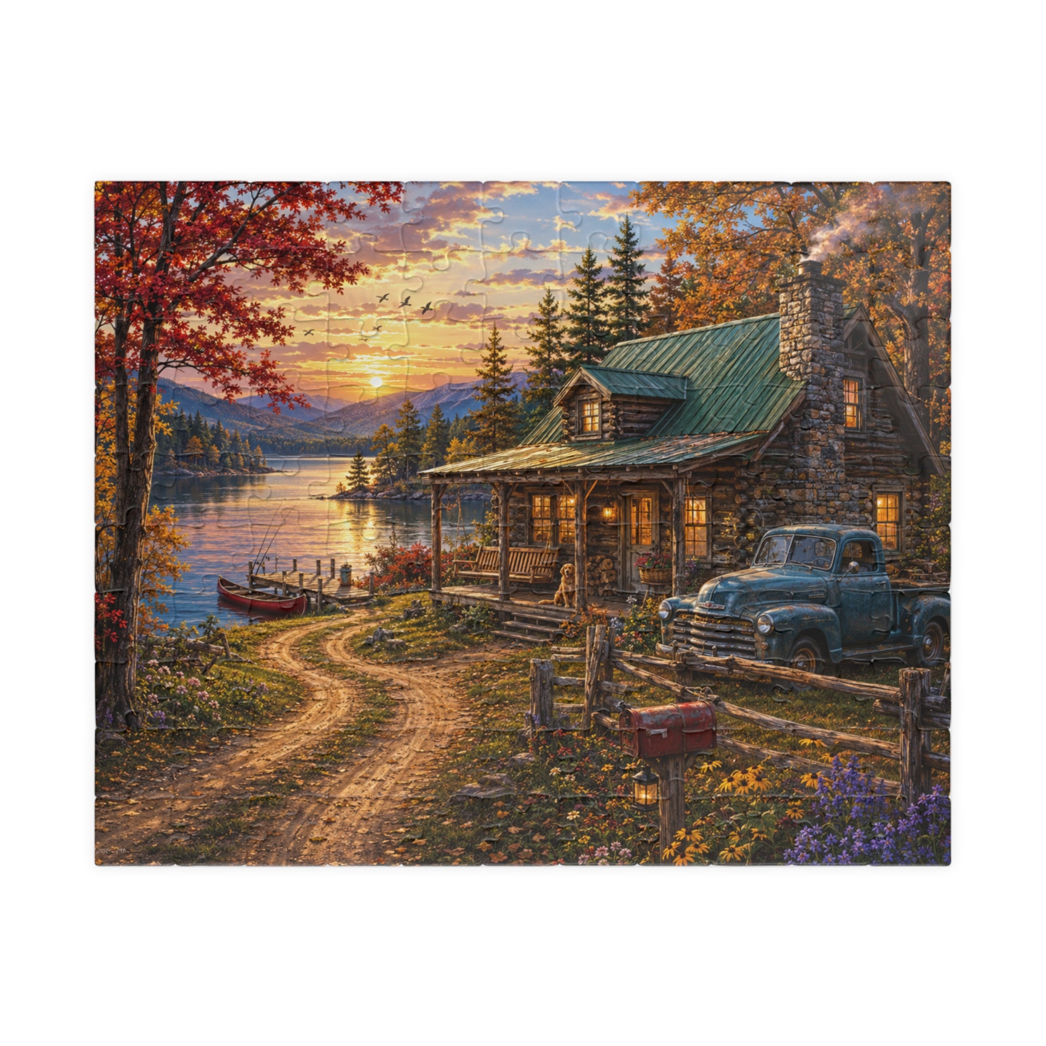 Autumn Lakeside Cabin Jigsaw Puzzle — Cozy Sunset Lodge Scene (110–1014 pcs)