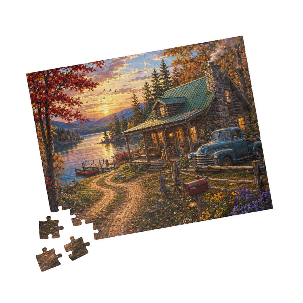 Autumn Lakeside Cabin Jigsaw Puzzle — Cozy Sunset Lodge Scene (110–1014 pcs)