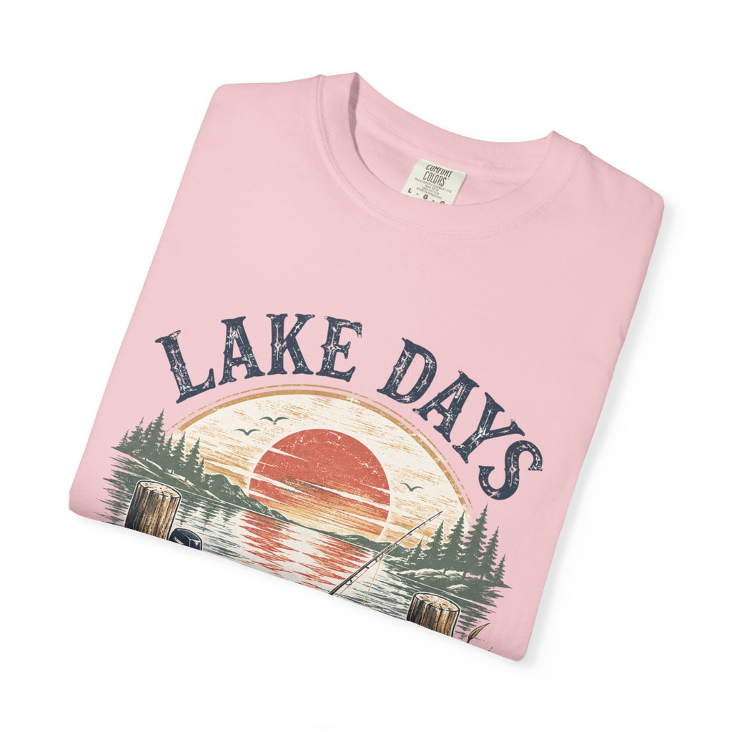 Lake Days Dock Nights T-Shirt — Retro Fishing & Sunset Dock Graphic