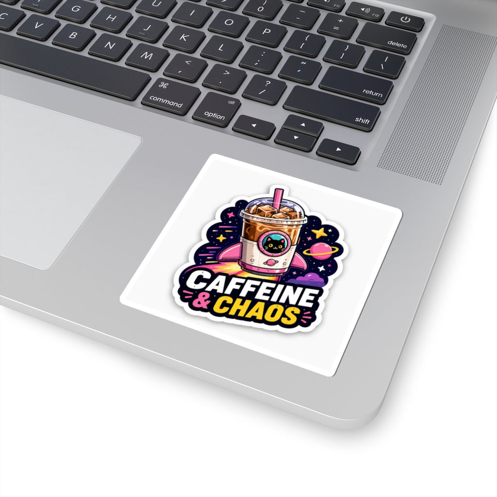 Caffeine & Chaos Kiss-Cut Sticker — Cute Cat Iced Coffee Space Design