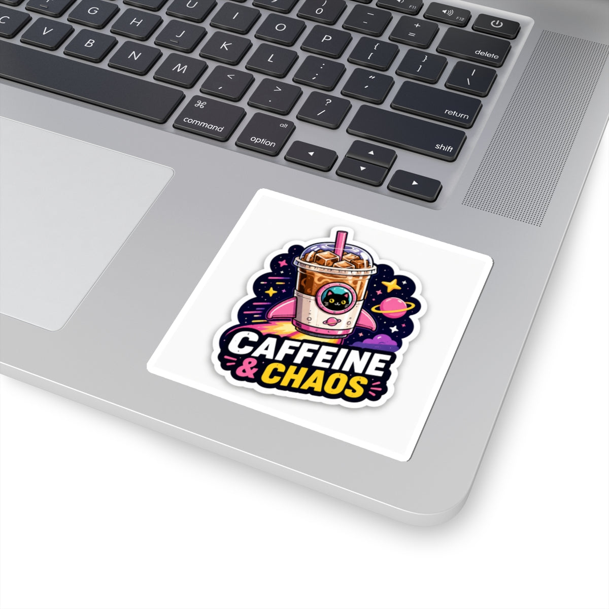 Caffeine & Chaos Kiss-Cut Sticker — Cute Cat Iced Coffee Space Design