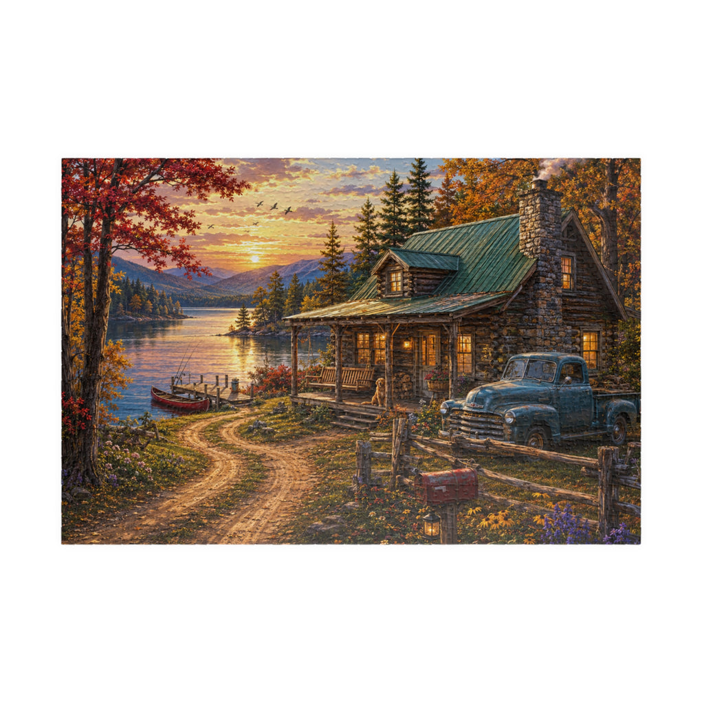 Autumn Lakeside Cabin Jigsaw Puzzle — Cozy Sunset Lodge Scene (110–1014 pcs)