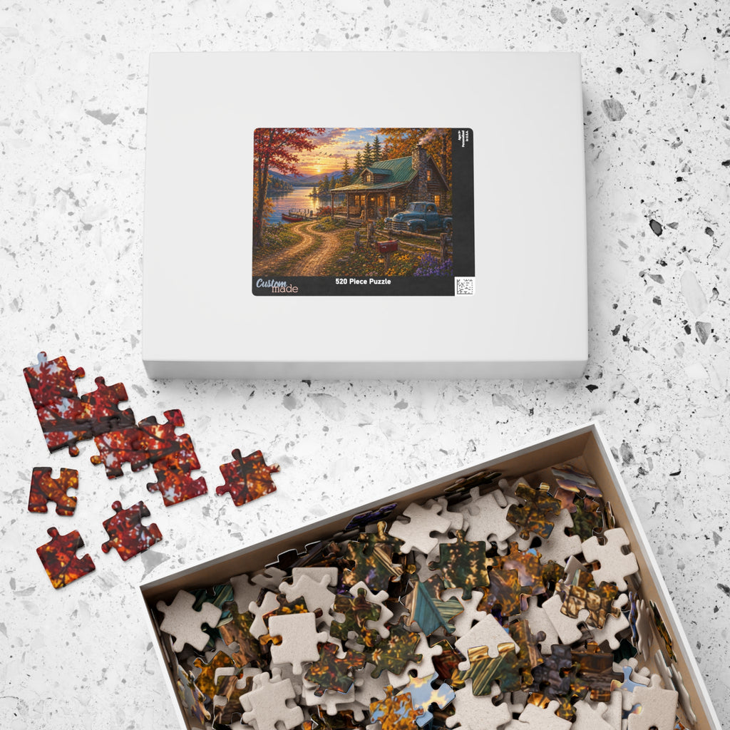 Autumn Lakeside Cabin Jigsaw Puzzle — Cozy Sunset Lodge Scene (110–1014 pcs)
