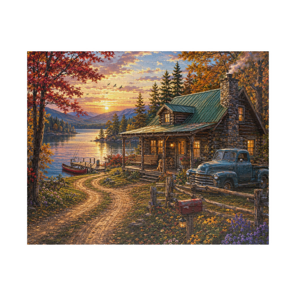 Autumn Lakeside Cabin Jigsaw Puzzle — Cozy Sunset Lodge Scene (110–1014 pcs)