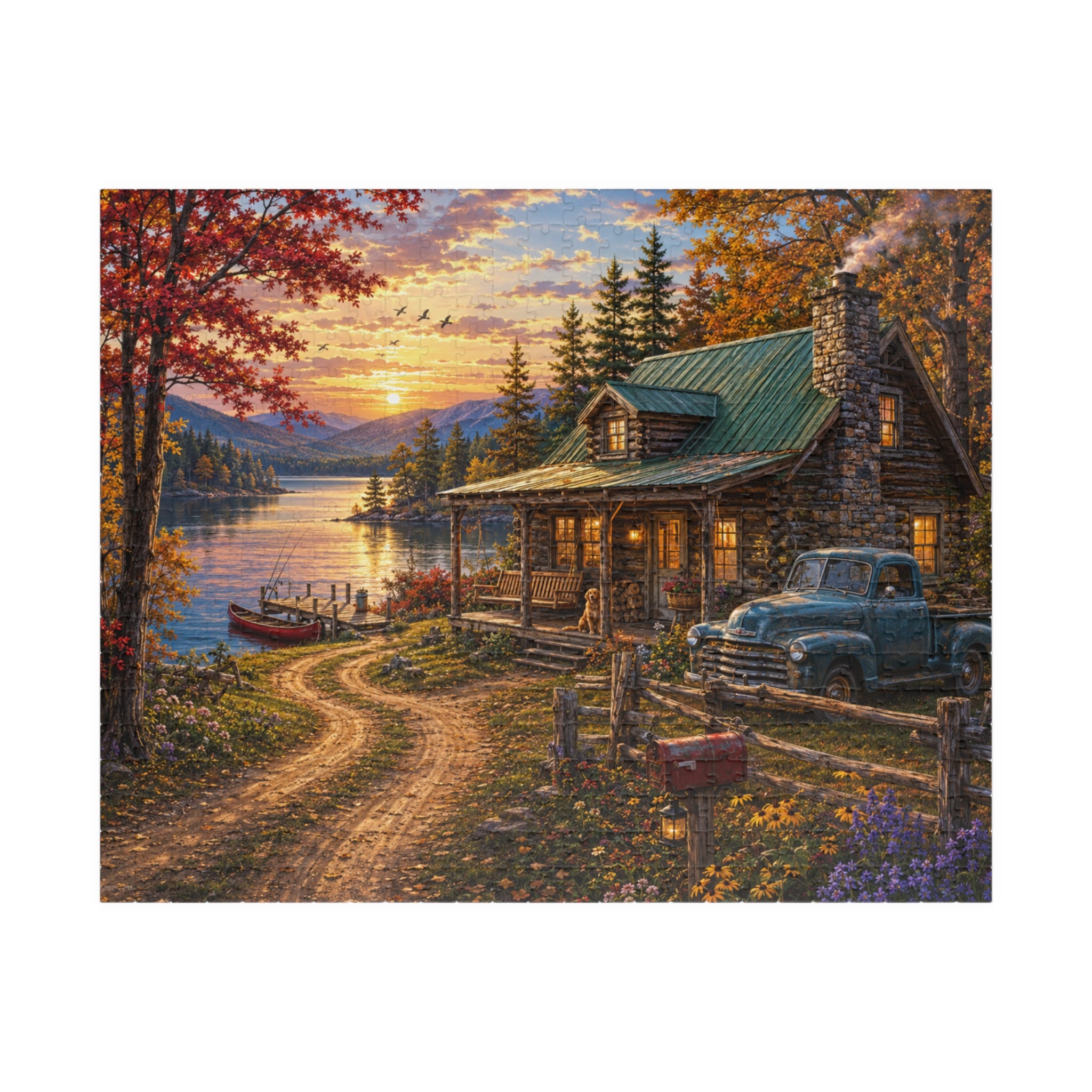 Autumn Lakeside Cabin Jigsaw Puzzle — Cozy Sunset Lodge Scene (110–1014 pcs)