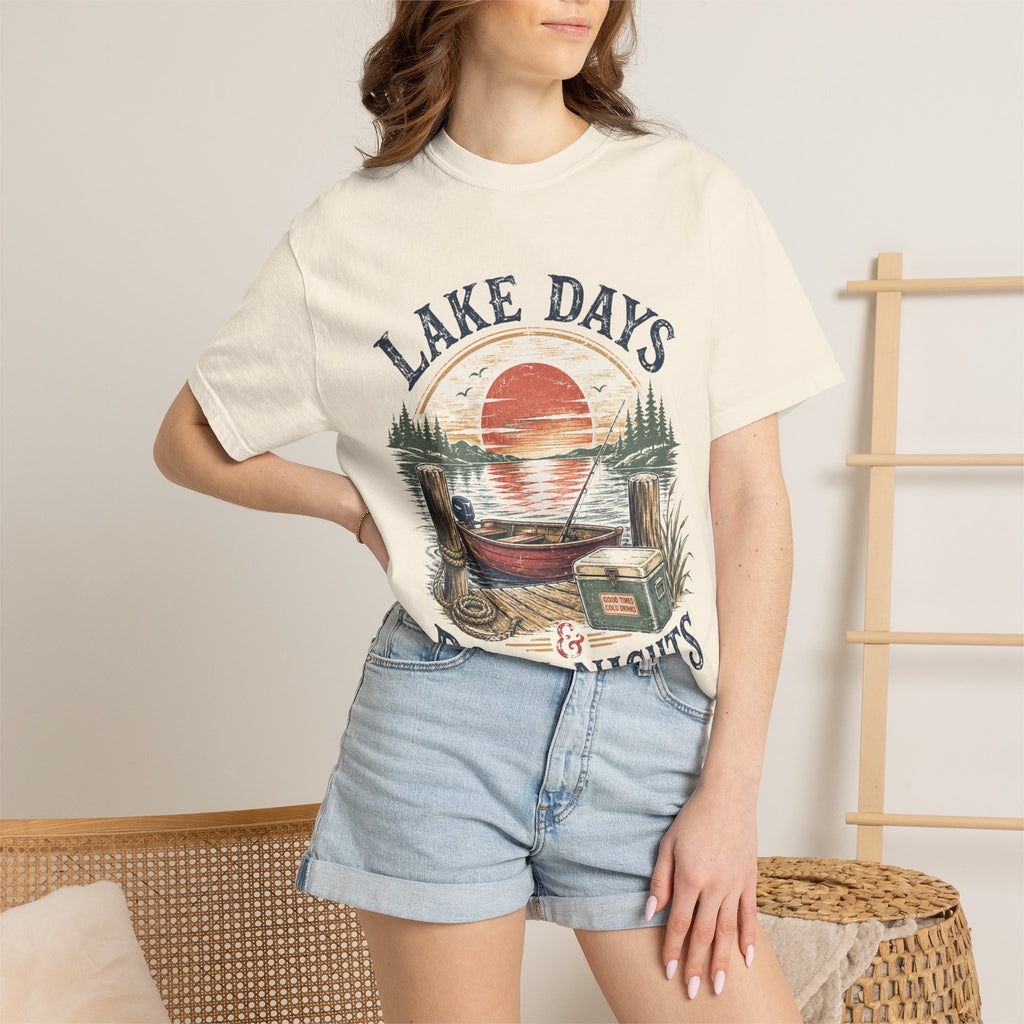 Lake Days Dock Nights T-Shirt — Retro Fishing & Sunset Dock Graphic