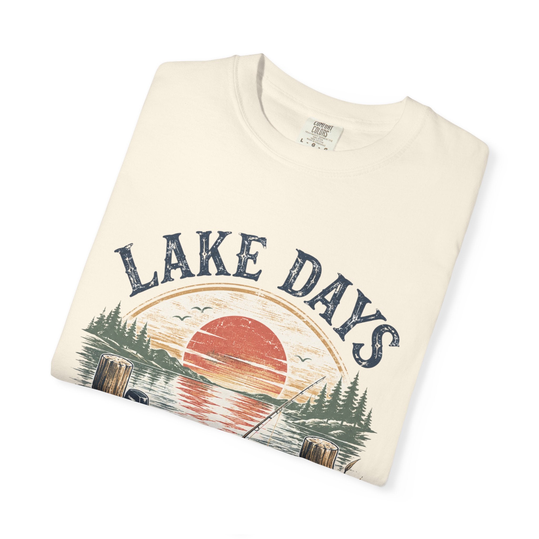 Lake Days Dock Nights T-Shirt — Retro Fishing & Sunset Dock Graphic