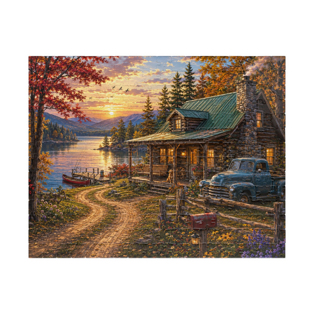 Autumn Lakeside Cabin Jigsaw Puzzle — Cozy Sunset Lodge Scene (110–1014 pcs)