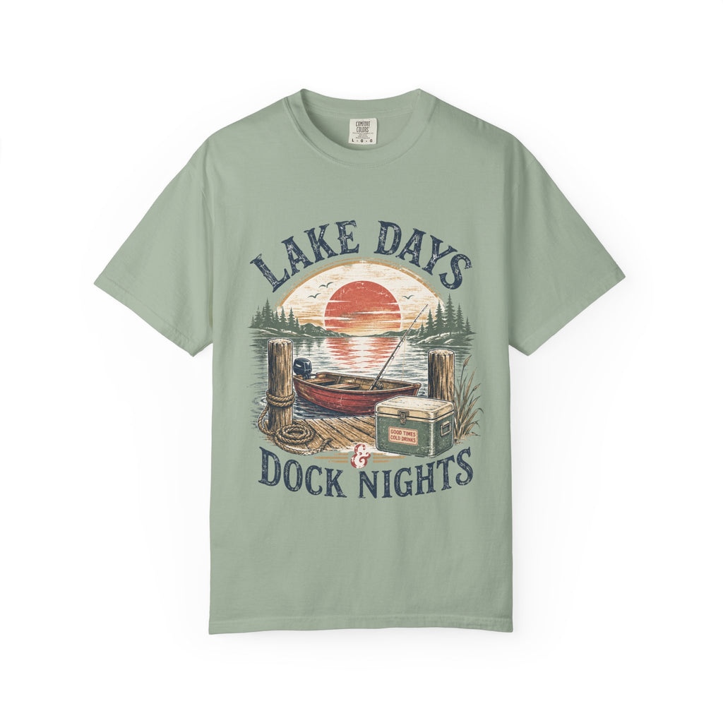 Lake Days Dock Nights T-Shirt — Retro Fishing & Sunset Dock Graphic
